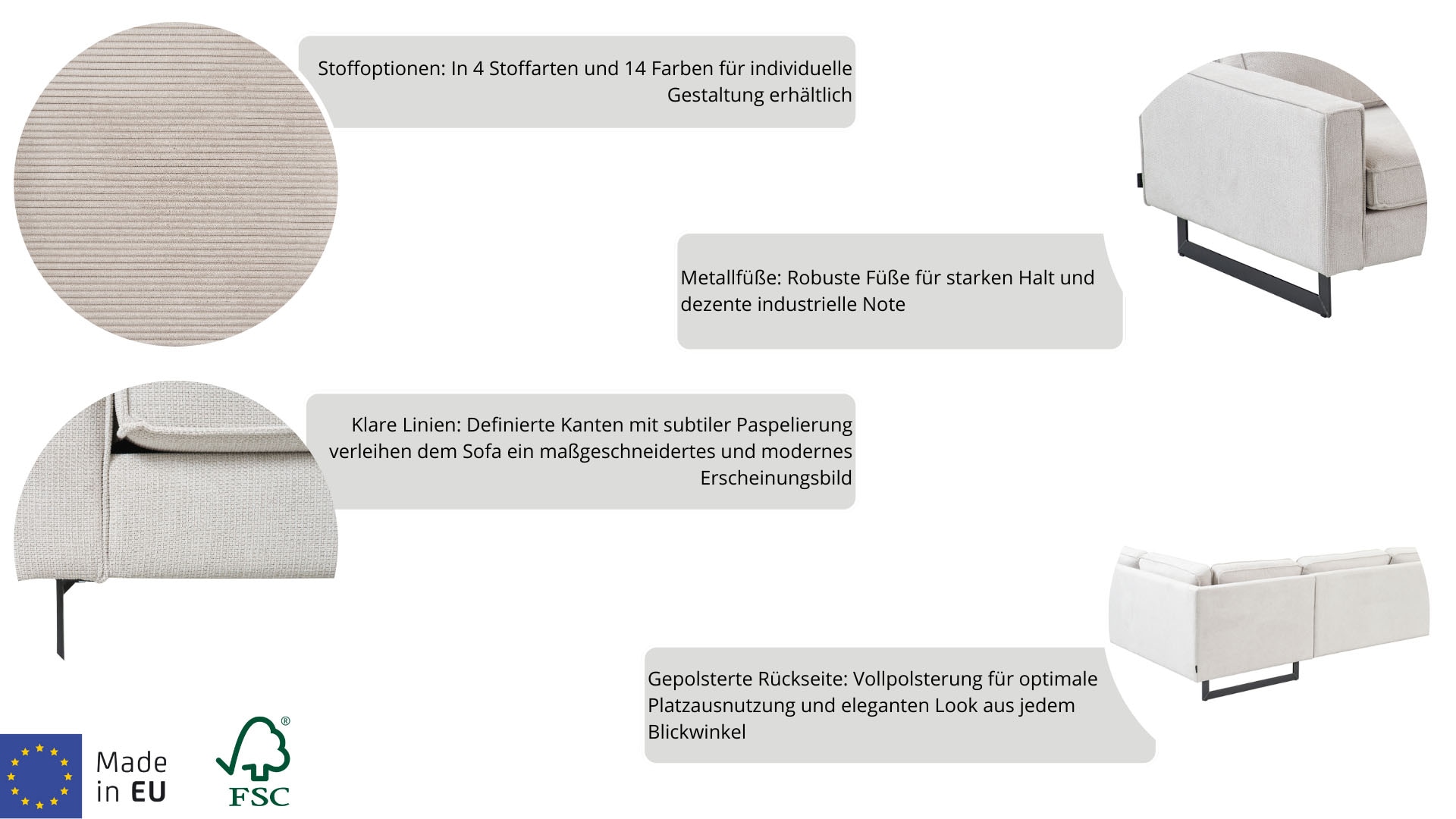 Places of Style Ecksofa »Pinto, 250/290 cm, langer Schenkel, XXL, Ottomane«, Cord, Feincord, Luxus-Microfaser Leder und Chenille