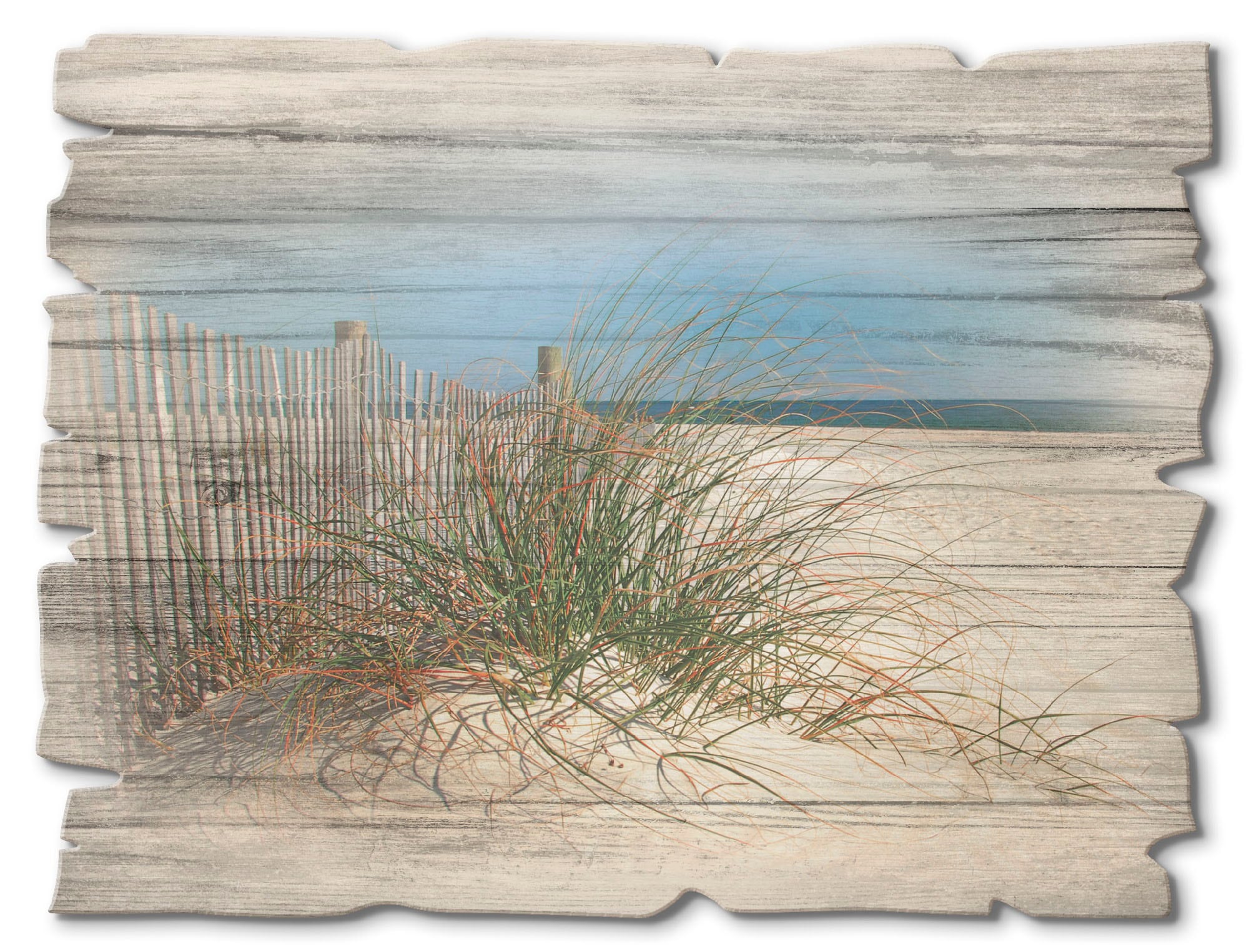 Holzbild »Schöne Sanddüne mit Gräsern und Zaun«, Strand, (1 St.)
