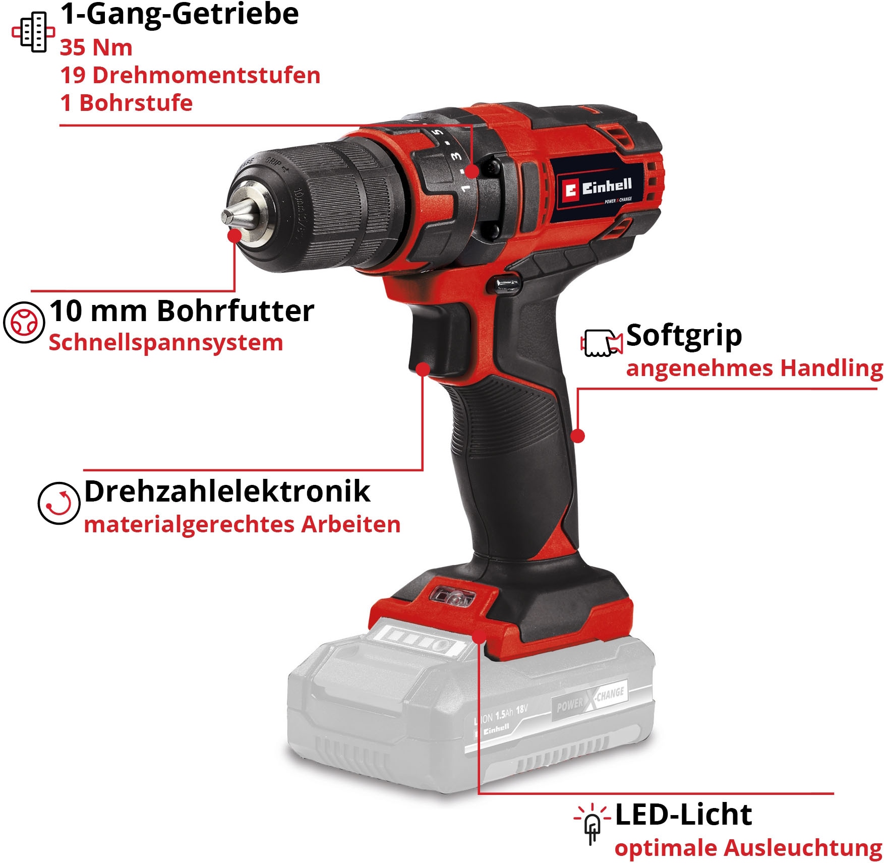 Einhell Akku-Bohrschrauber »»TC-CD 18/35 Li««, (Set), Power X-Change, Inkl. Akku und Zubehör