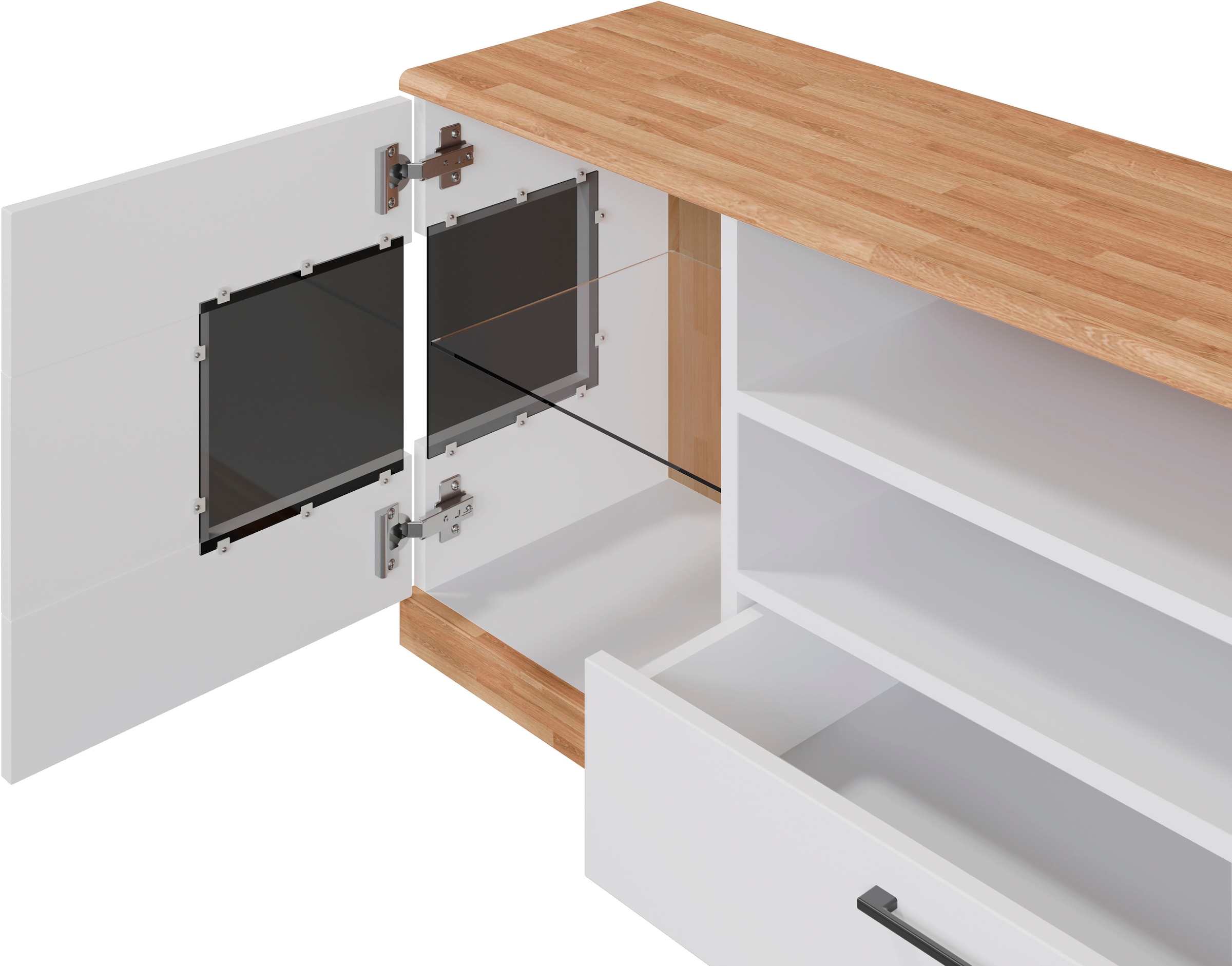Home affaire Lowboard »Ribe,160cm breit,55cm hoch,Oberplatte massiv«, Oberplatte Massivholz,schwarze Metall Griffe,2 Türen mit Glaseinsatz