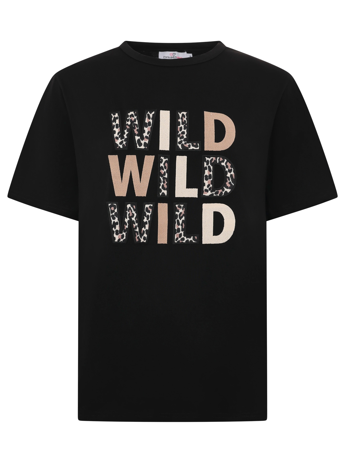 Zwillingsherz T-Shirt »"Wild Wild Wild"« großer, gestickter Schriftzug mit Leomuster, Rundhals