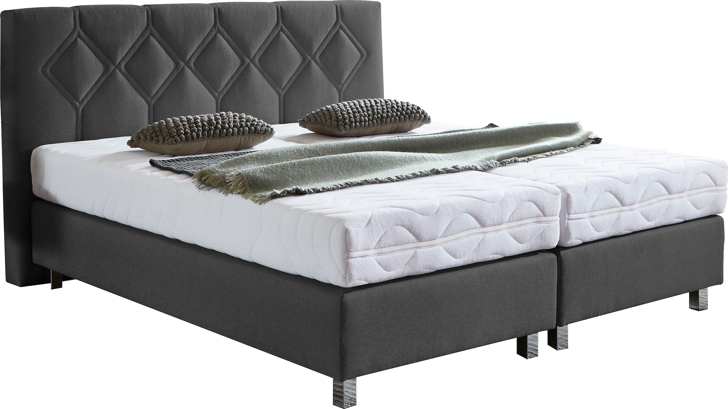 Boxspringbett "Phönix", grau (anthrazit), B:175cm L:210cm, Bezug Bett: Microvelours (100% Polyester) oder Feinstruktur (100% Polyester);Bezug Bonnell-Federkernmatratze: 100% Polyester;Bezug Kaltschaummatratze: 100% Polyester;Bezug Tonnentaschenfederkernma