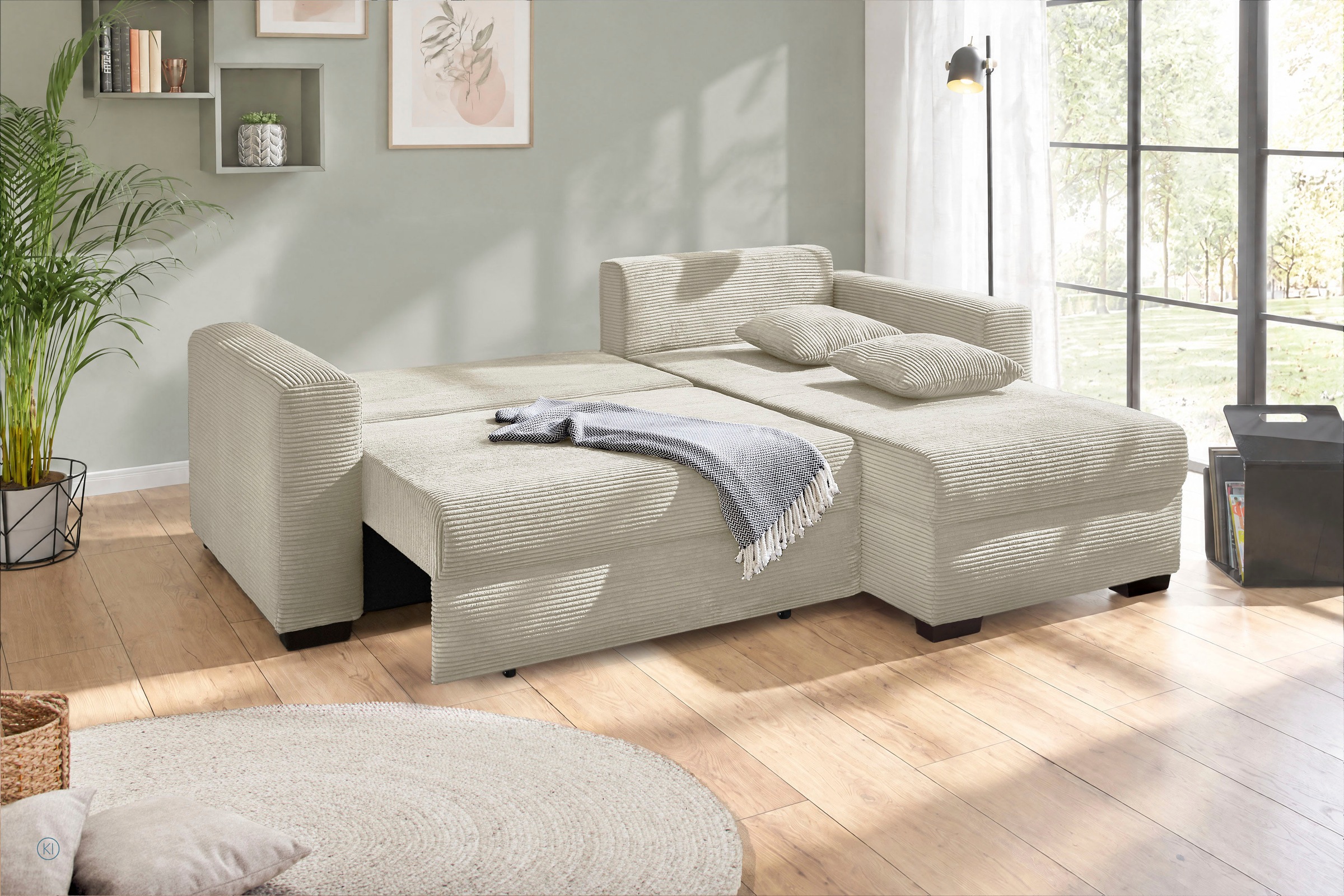 Jockenhöfer Gruppe Ecksofa "Ecksofa Elmau, Größe Ottomane: L, B:235cm, optional mit Topper" mit Schlaffunktion, Bettkasten & 2 Zierkissen