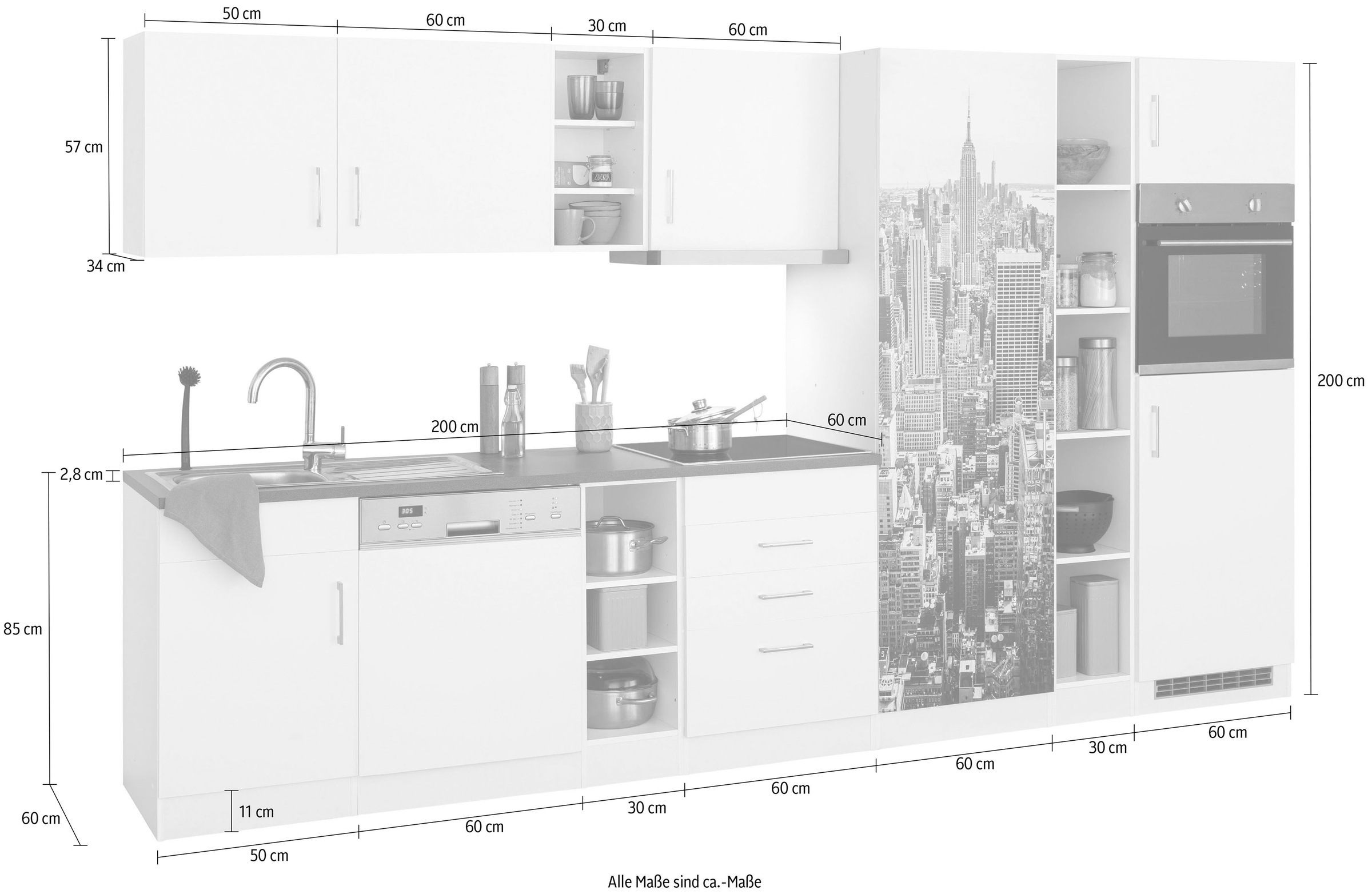 HELD MÖBEL Küchenzeile »Paris«, mit E-Geräten, Breite 350 cm, wahlweise mit Induktionskochfeld
