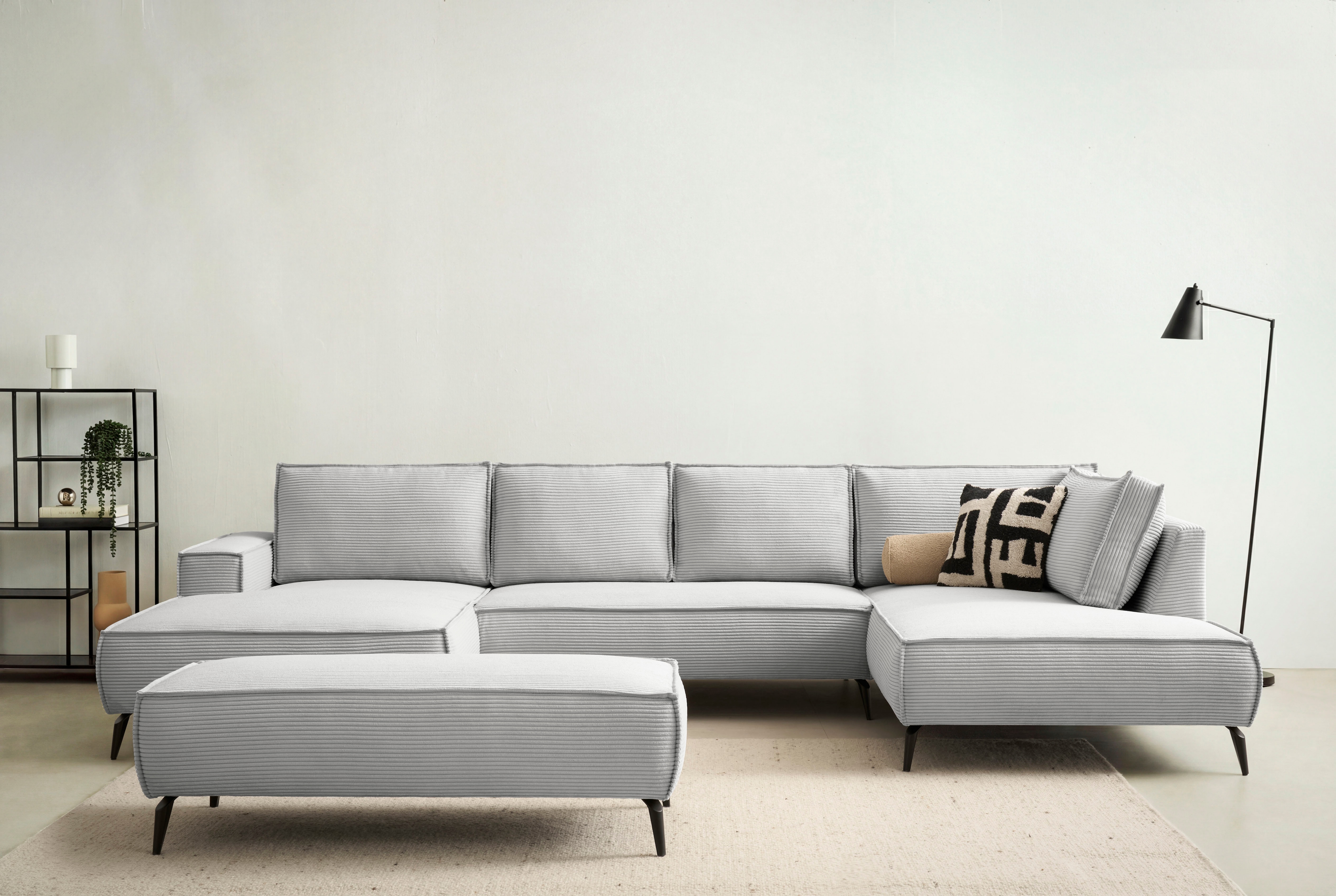 OTTO home Wohnlandschaft "TVINNU Cord, 354 cm, mit Hocker" Recamiere rechts/links, stellbar zum Schlafsofa (Krokodilverbinder)