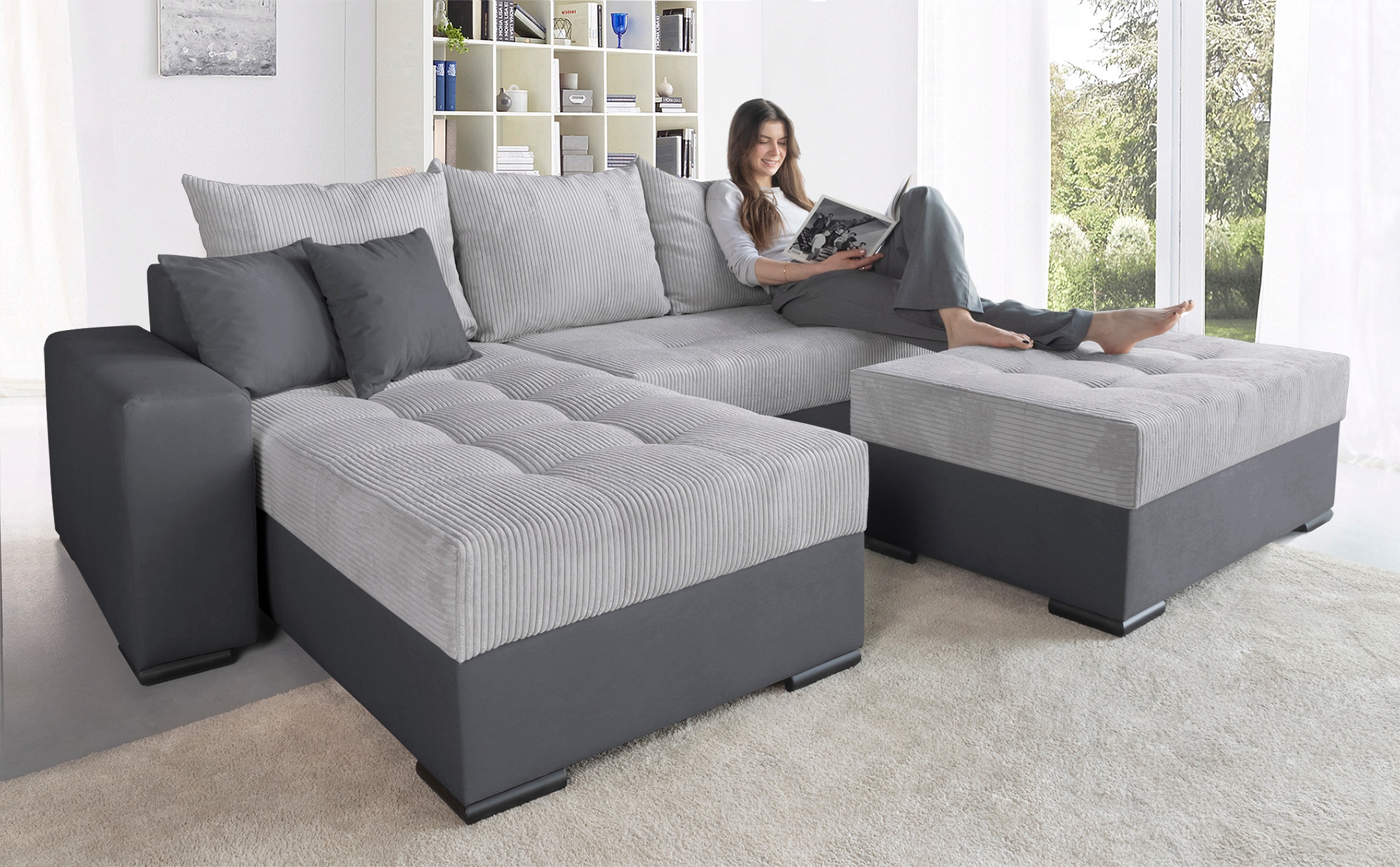 COLLECTION AB "Josy L-Form, B: 214 cm in Cord, Cord-Mix" Schlaffunktion, Bettkasten & 2 Zierkissen, Federkern