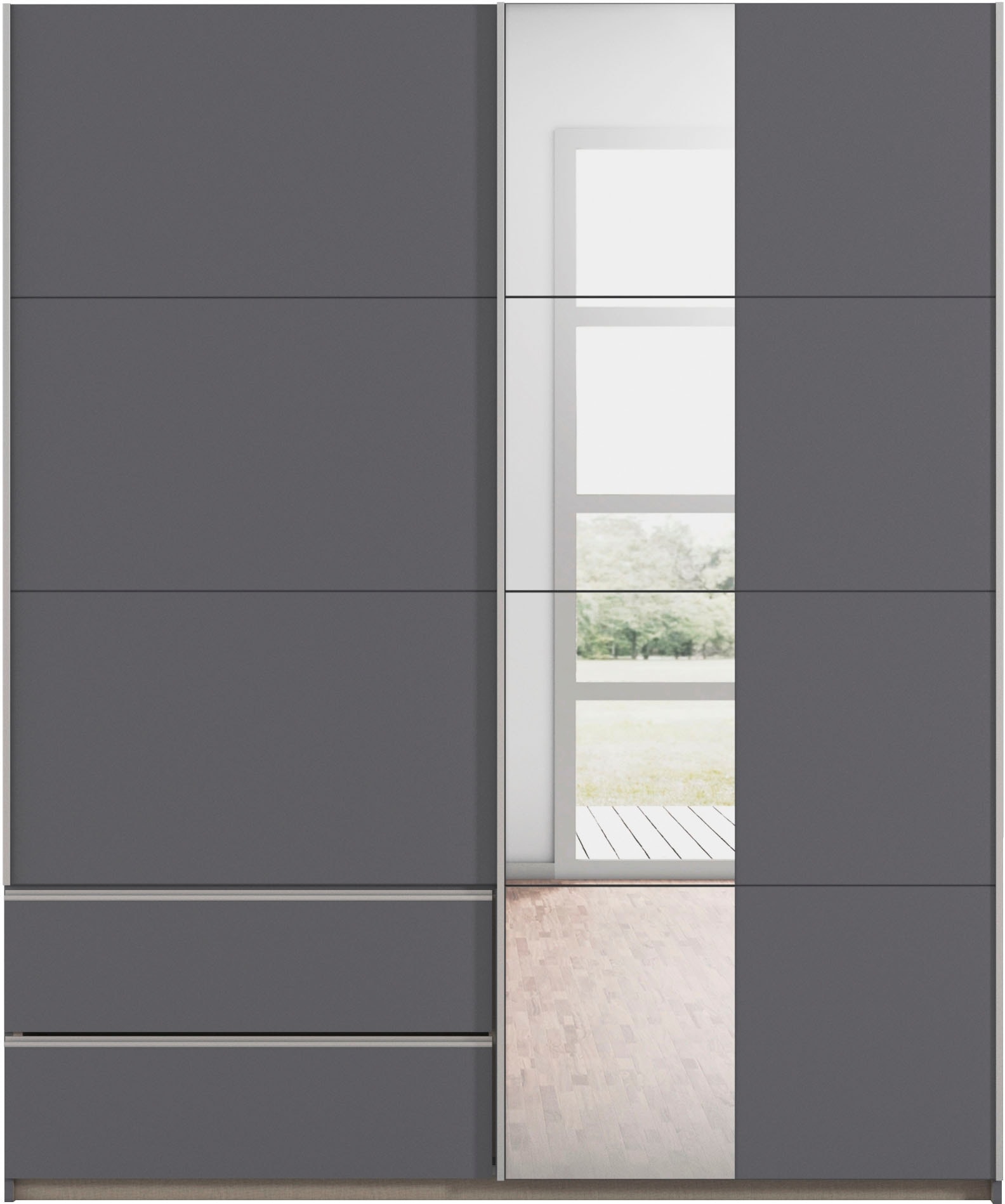 rauch Schwebetürenschrank »Kleiderschrank Schrank Garderobe Wäscheschrank SEVILLA mit Spiegel«, (in 3 verschiedenen Ausstattungen BASIC/CLASSIC/PREMIUM), Metall-Griffleisten alufarben oder Graumetallic MADE IN GERMANY