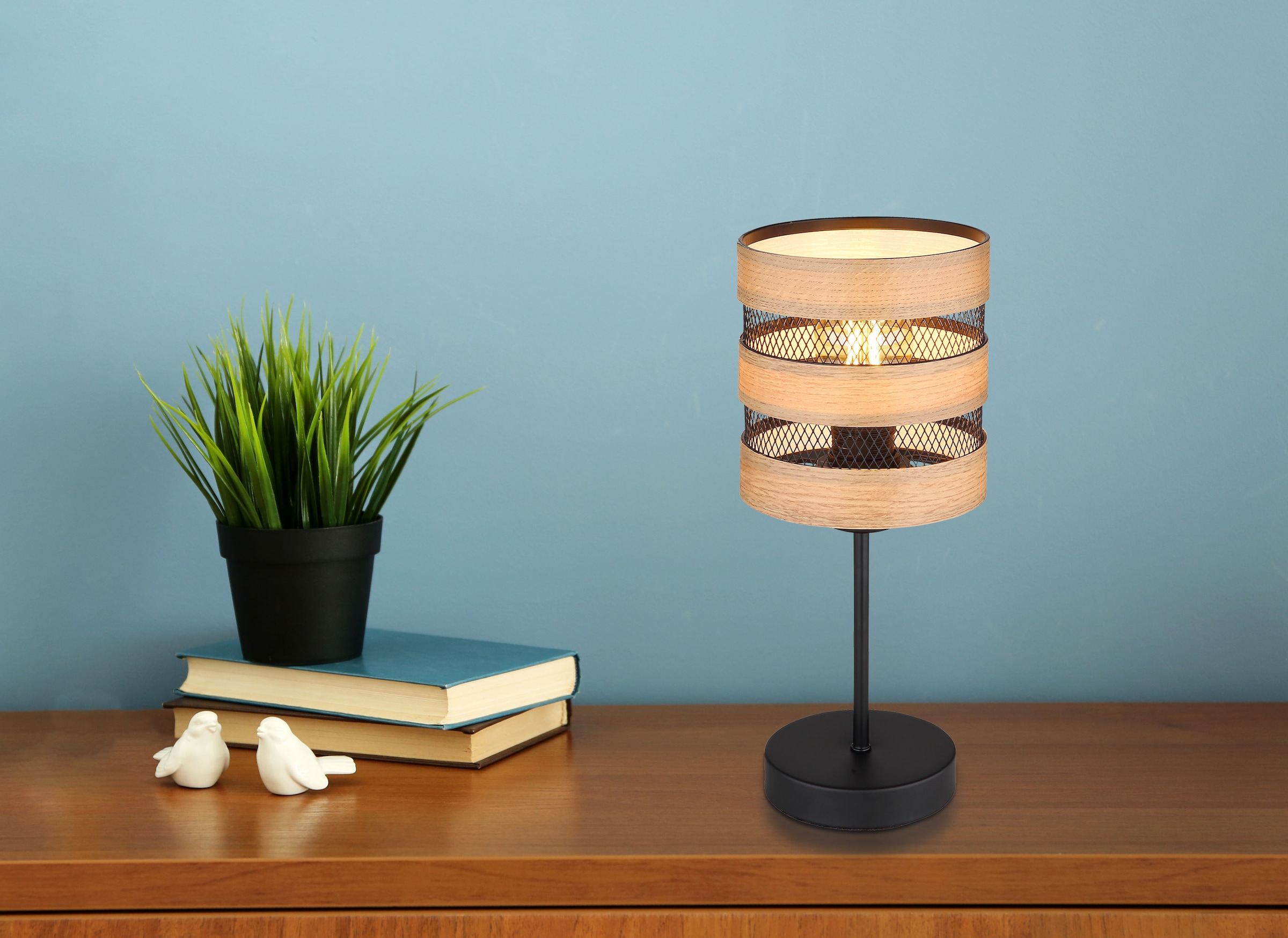 GLOBO LIGHTING Tischleuchte »SOENI«, Leuchtmittel E27 | ohne Leuchtmittel, Tischlampe/Metallgeflecht/Holzoptik/Wohnzimmer/Schlafzimmer