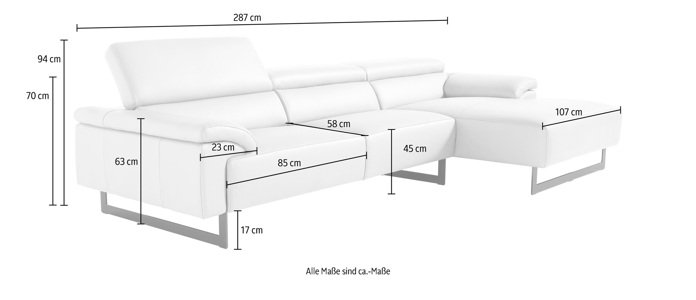 Egoitaliano Ecksofa »Malika, L-Form«, mit Recamiere, inkl. Kopfteilverstellung und chromfarbenen Metallfüßen