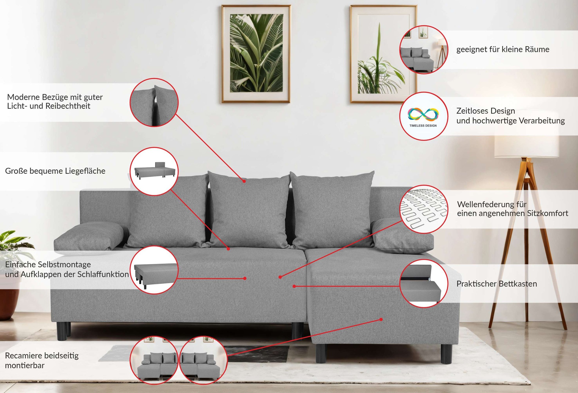 Thumbnail - Home affaire Ecksofa "IWALANI, Schlafsofa mit Bettkasten, Recamiere beidseitig montierbar" L-Form, B/T/H 199/135/83 cm, ...
