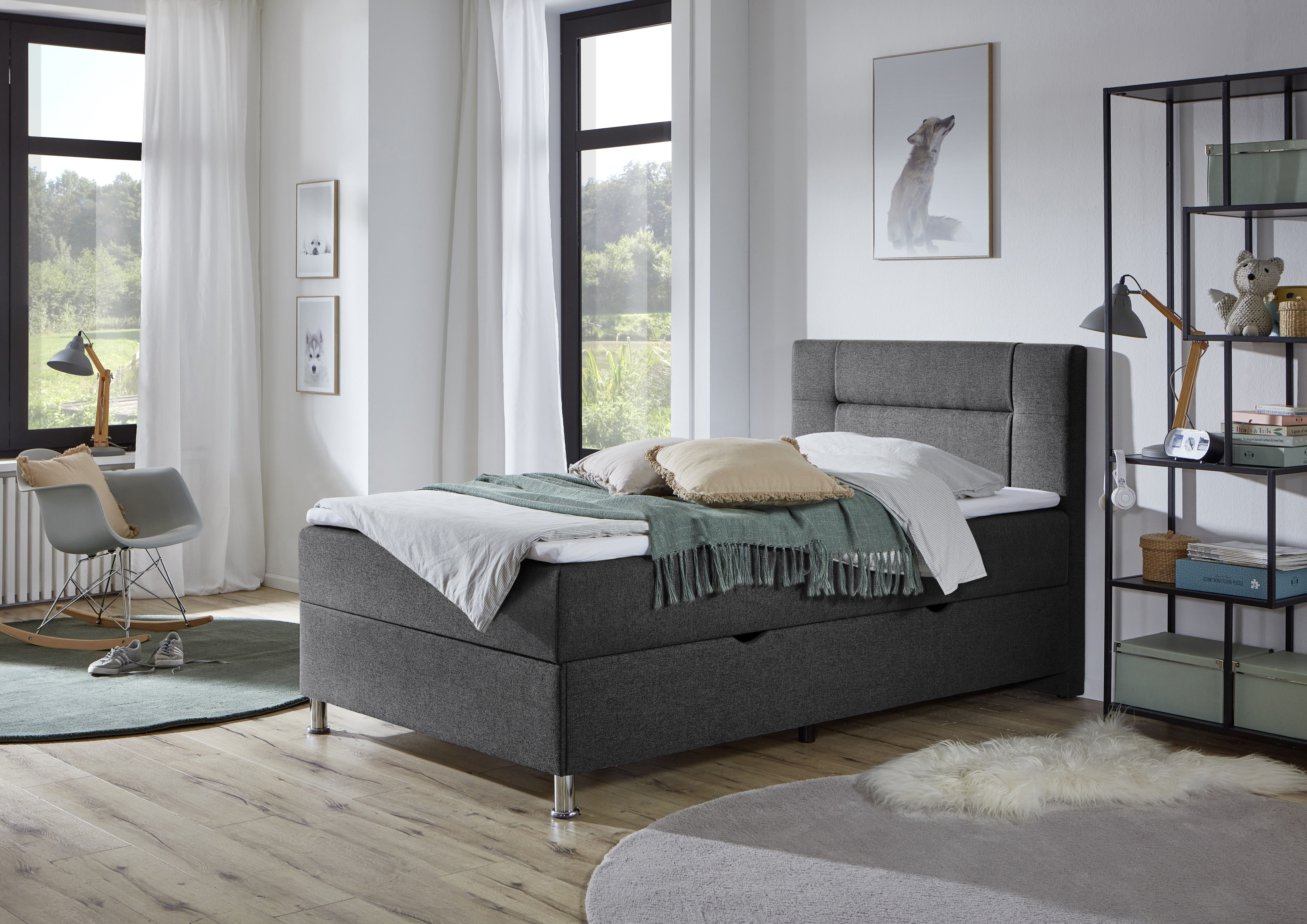Home affaire Boxbett "ESCALON, Polsterbett mit Bettkasten, inkl. Taschenfederkernmatratze H3" mit Anti-Slip-Topper, Strukturstoff-Bezug, Liegefläche 120x200 cm