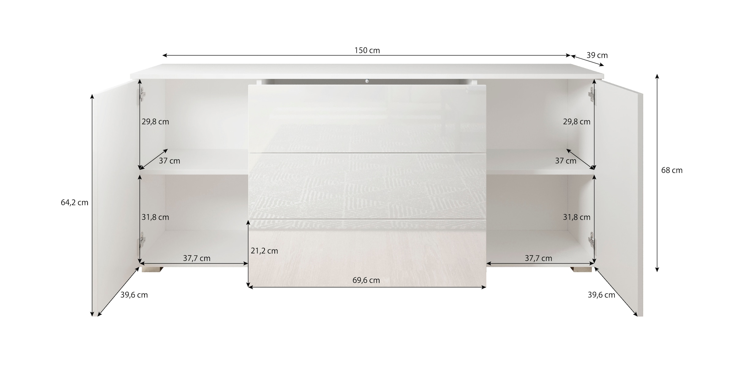 INOSIGN Sideboard »PARIS«, (1 St.), Moderne 150cm breite grifflose Kommode, vielseitig einsetzbar