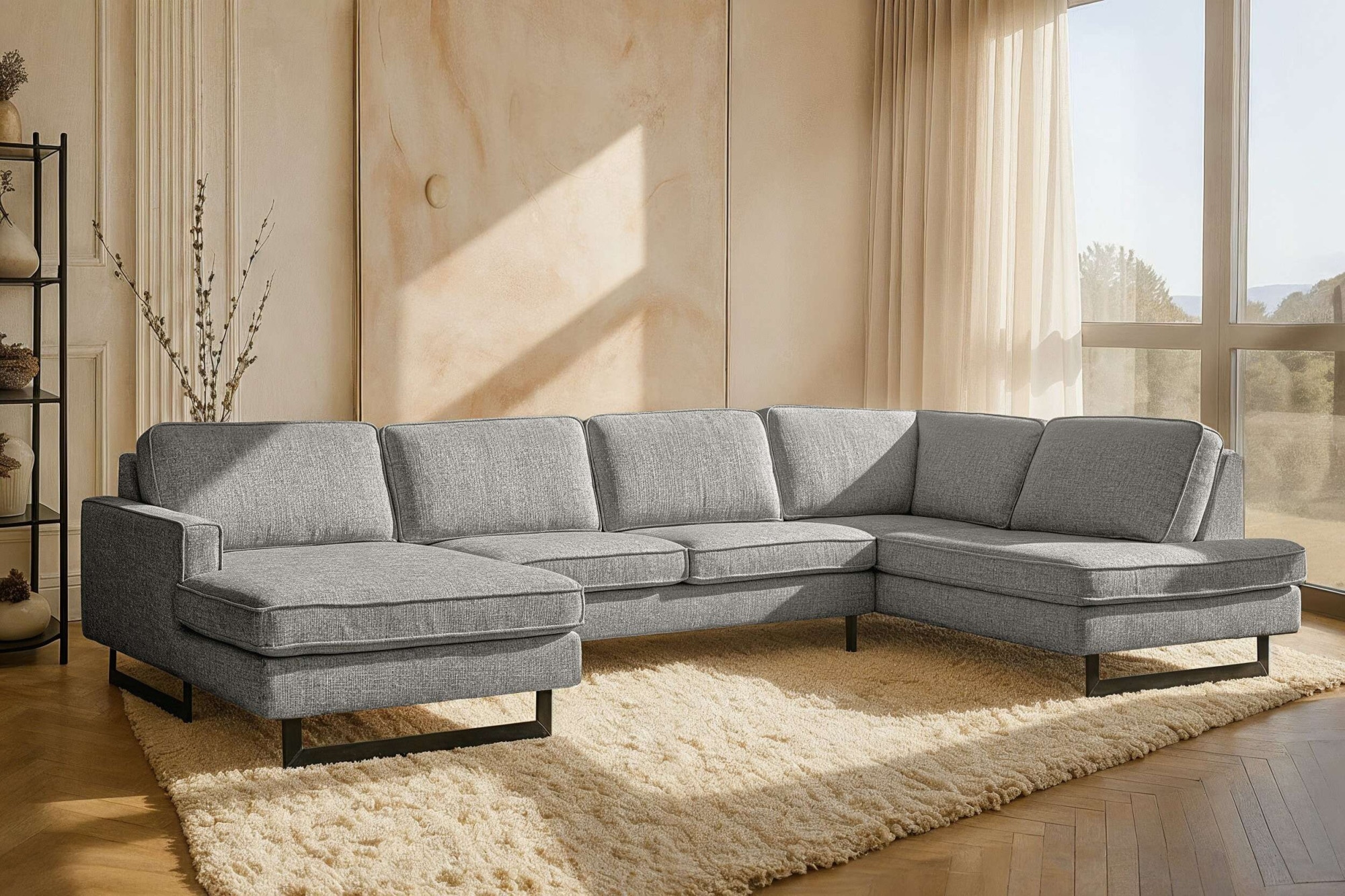 OTTO home Wohnlandschaft "Pinto, 350 cm, U-Form, XXL, mit Ottomanen" Cord, Chenille, Lederoptik, mit Keder, Metallfüße, Wellenunterfederung