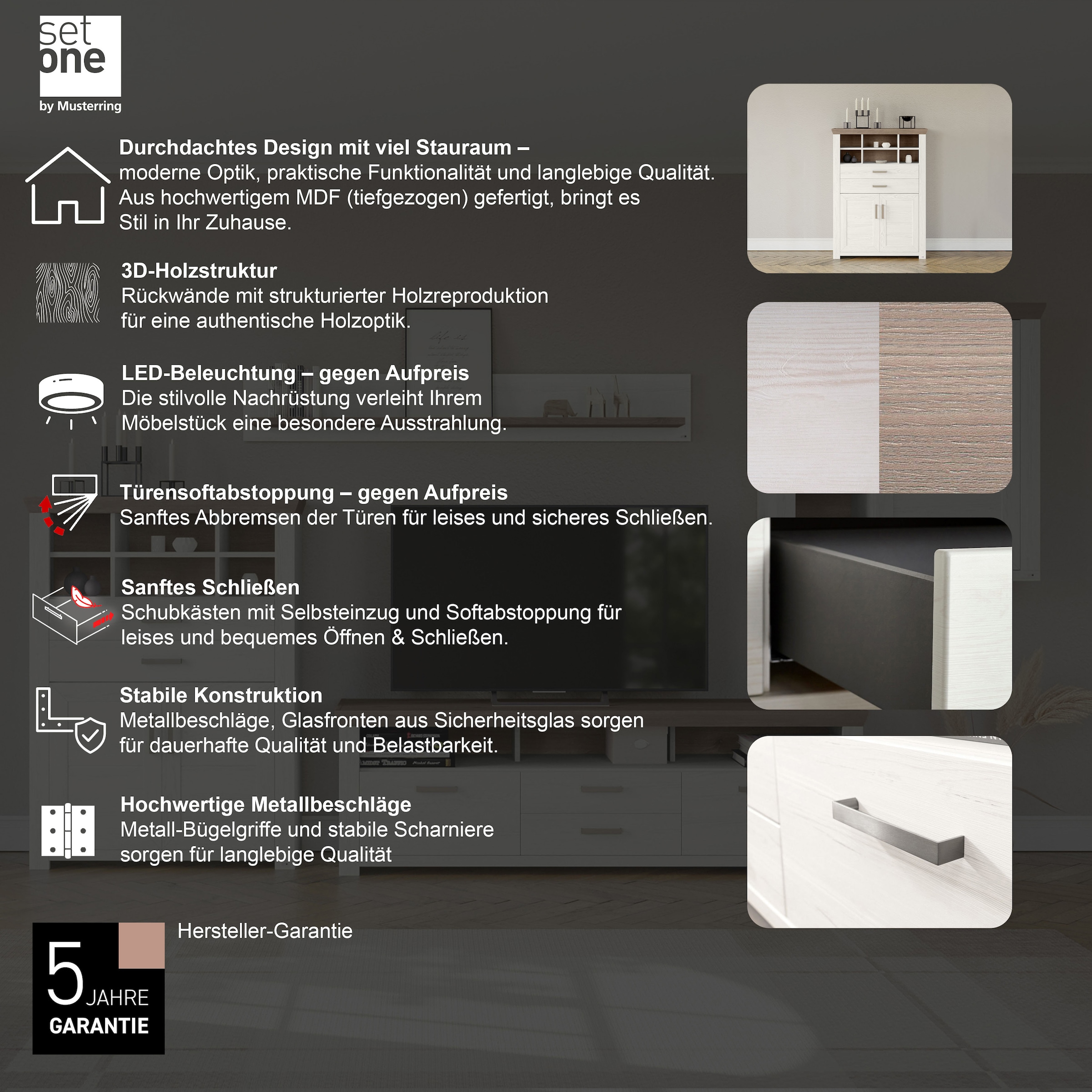 set one by Musterring Highboard »York«, Typ 16, mit Holztüren und Schubkasten, Beleuchtung optional, B 105 cm