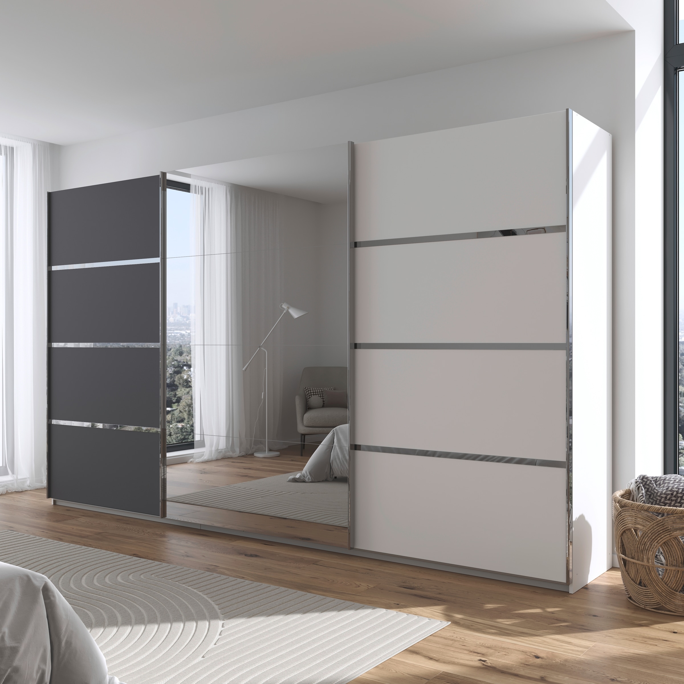 rauch Kleiderschrank »Schwebetürenschrank Garderobe Schrank TOP ANGEBOT Avola«, (in 3 verschiedenen Ausstattungen BASIC/CLASSIC/PREMIUM inkl. Spiegel), mit eleganten Zierleisten in Chrom, Schwarz oder Weiß MADE IN GERMANY