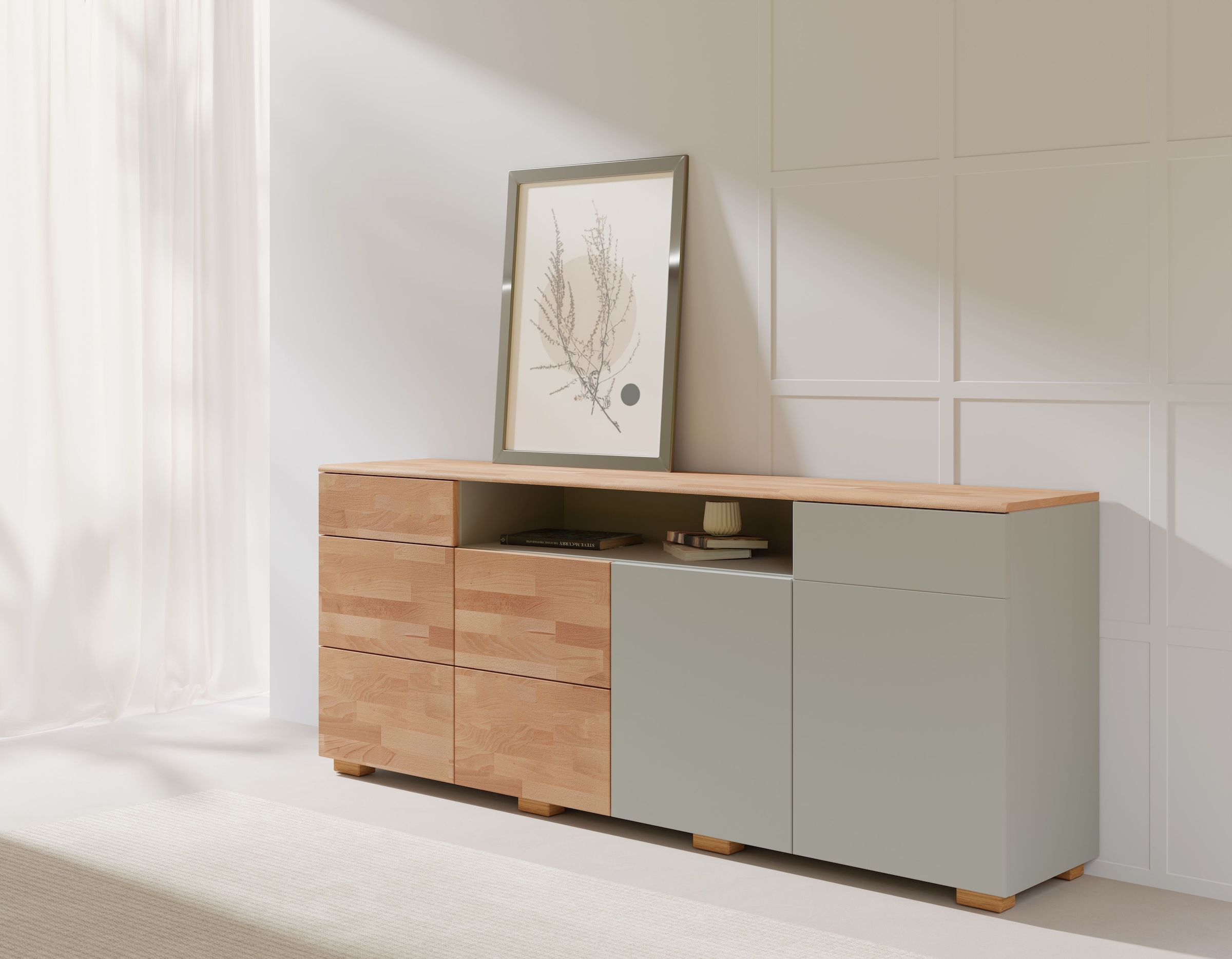 Home affaire Sideboard »Citra teilmassiv«, Breite 200cm,moderne grifflose Optik mit push to open Funktion