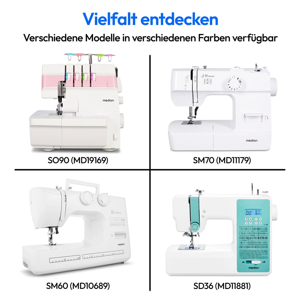 Medion® Freiarm-Nähmaschine »MD 11179, 12 Stichmuster, 4 Schritte Knopfloch,«, 12 Programme, Vertikales Spulsystem, LED Nählicht, Integrierter Fadenschneider