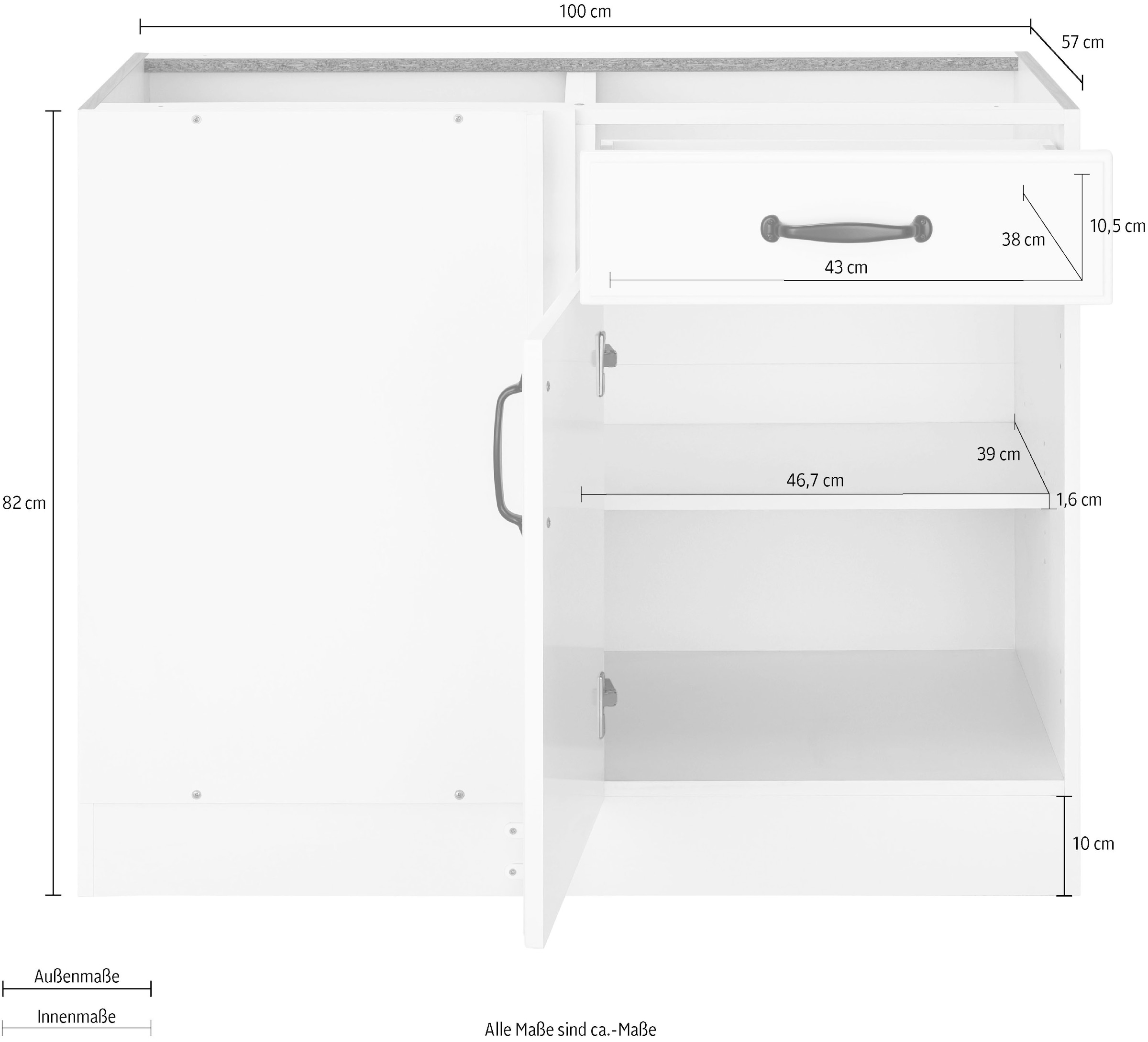 wiho Küchen Eckunterschrank »Erla«, 100 cm breit, Kassettenfront, Planungsmaß 110 cm, ohne Arbeitsplatte