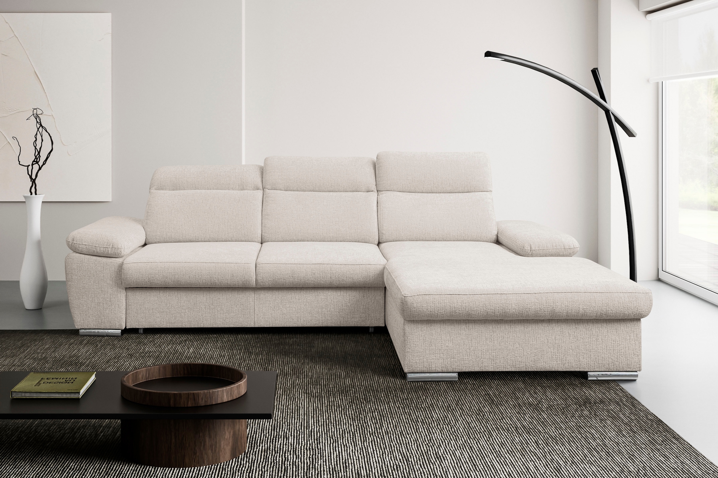 WERK2 Ecksofa "Palma 282 x 185 cm modern und bequem" Chenille, L-Form, XXL, Schlaffunktion, Bettkasten