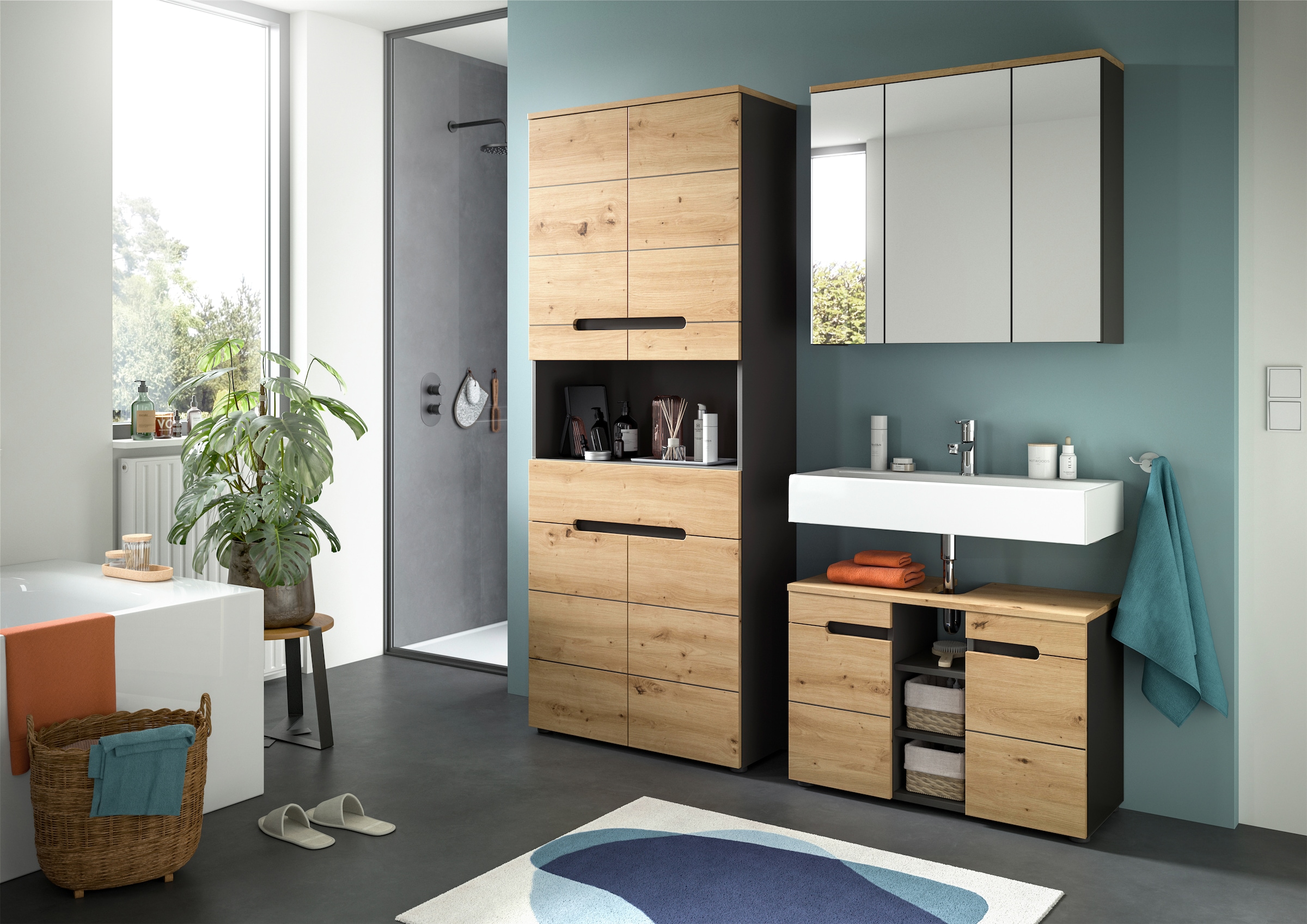 INOSIGN Spiegelschrank »REHAT, Breite 80 cm, 3 Spiegeltüren, 6 Einlegeböden«, Türanschlag der mittleren Tür wechselbar, Grifflose Spiegelfront