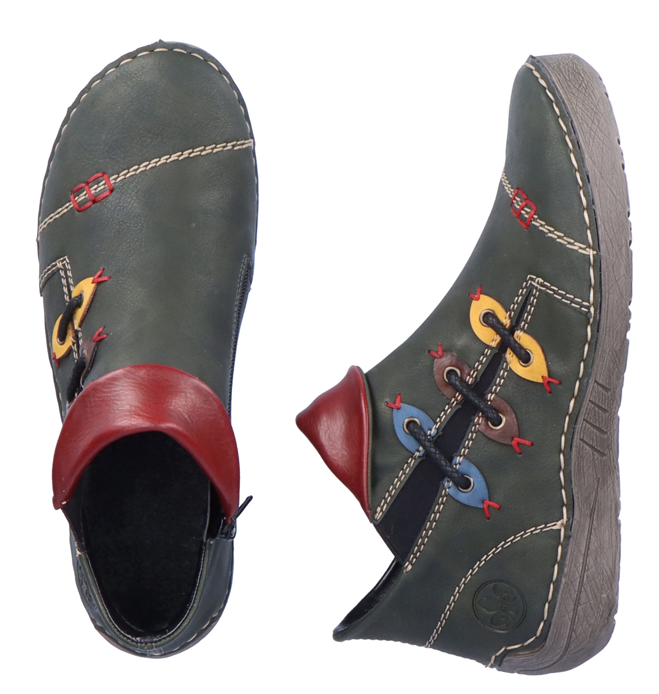 Stiefelette RIEKER, Damen, Gr. 40, grün (grün kombiniert), Lederimitat, Schuhe Stiefelette, Schlupfboots, Slipper mit bunten Applikationen seitlich 3