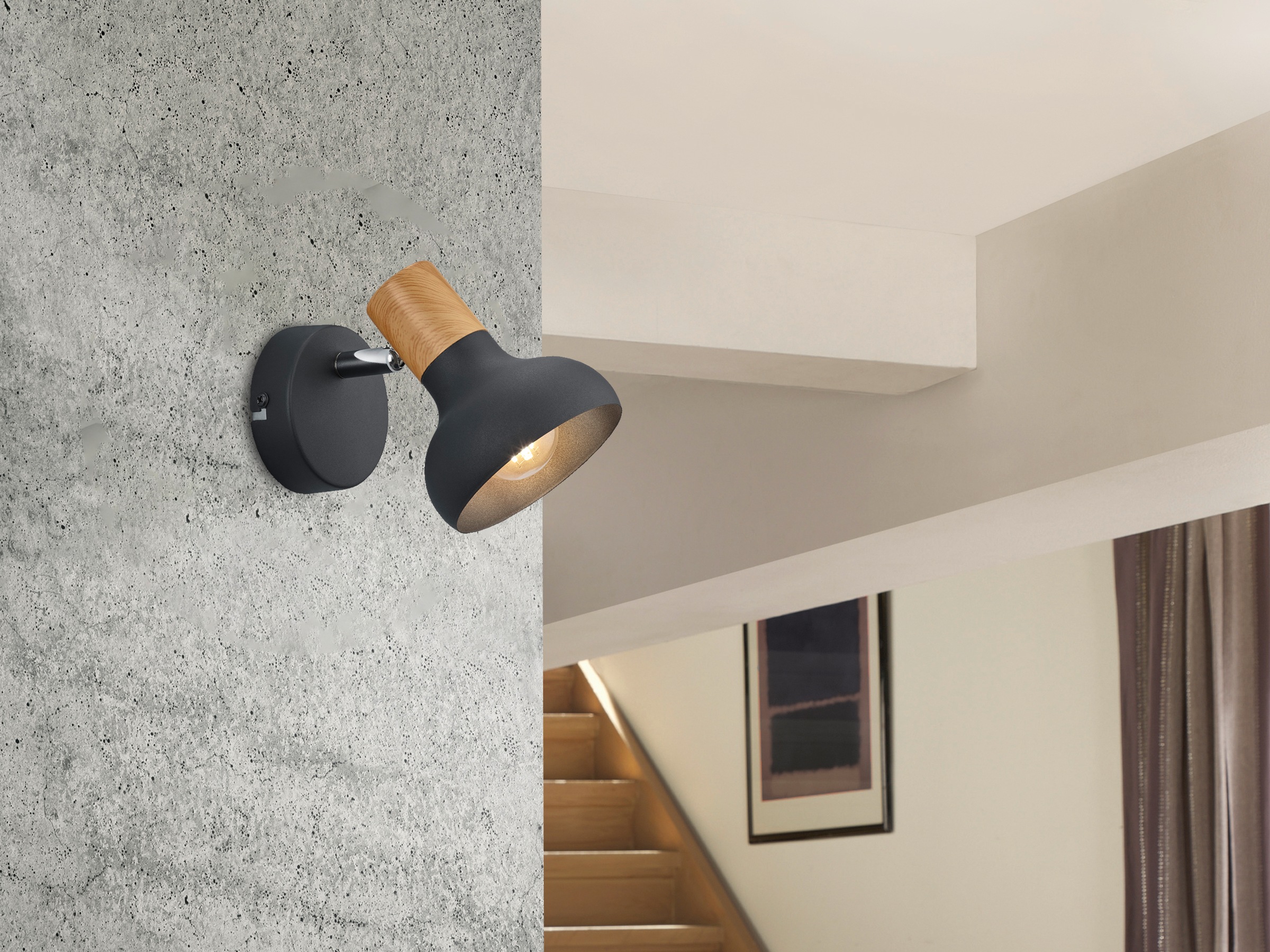 REALITY Leuchten Deckenstrahler »LATIKA, Strahler 1-flammig, exkl 1x E14 max 10W, Deckenspot Wandspot«, 1 flammig, Leuchtmittel E14 | Leuchtmittel wechselbar, schwenkbarer Strahler, Metall und Holzoptik Lackierung, Spot Licht