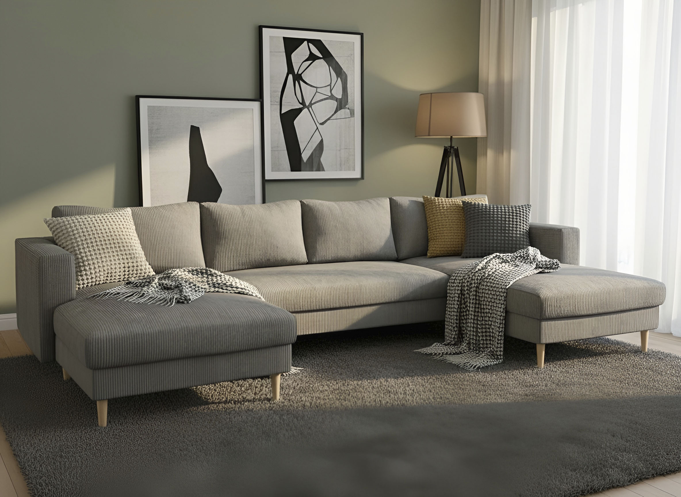 TRENDMANUFAKTUR Wohnlandschaft "Amazing, wahlw. mit Schlaffunktion & Bettkasten, Fuß Buche lackiert" Sofa in U-Form, in Cord oder Struktur, Breite 305 cm