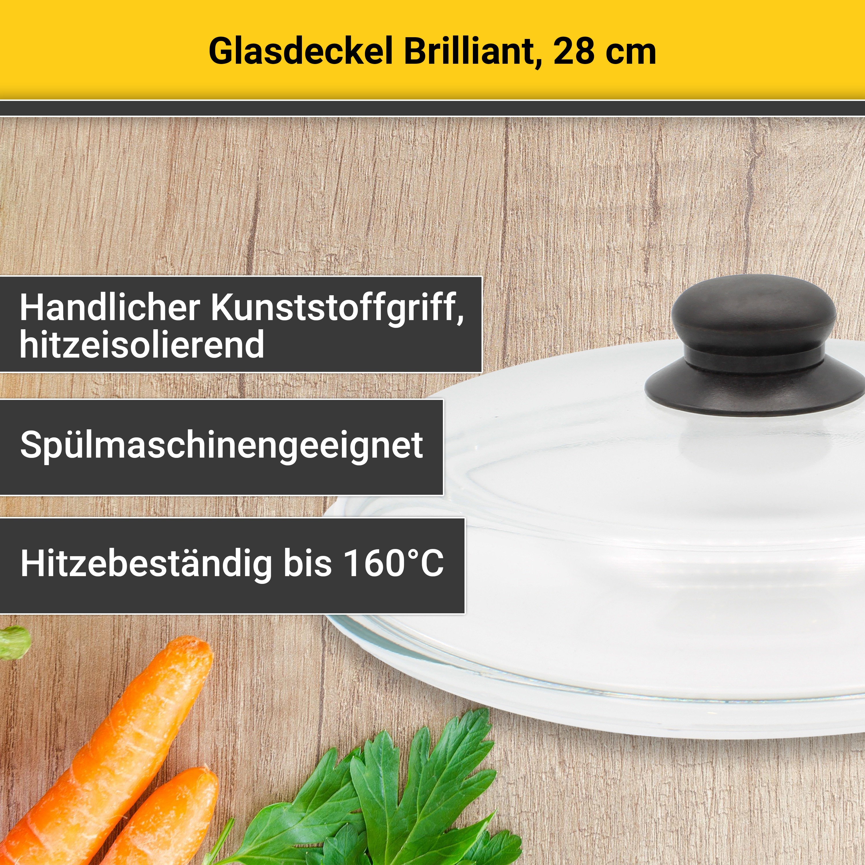 Thumbnail - Krüger Deckel "Glasdeckel Brilliant mit Kunststoffknopf" hitzebeständig bis 160C und spülmaschinengeeignet