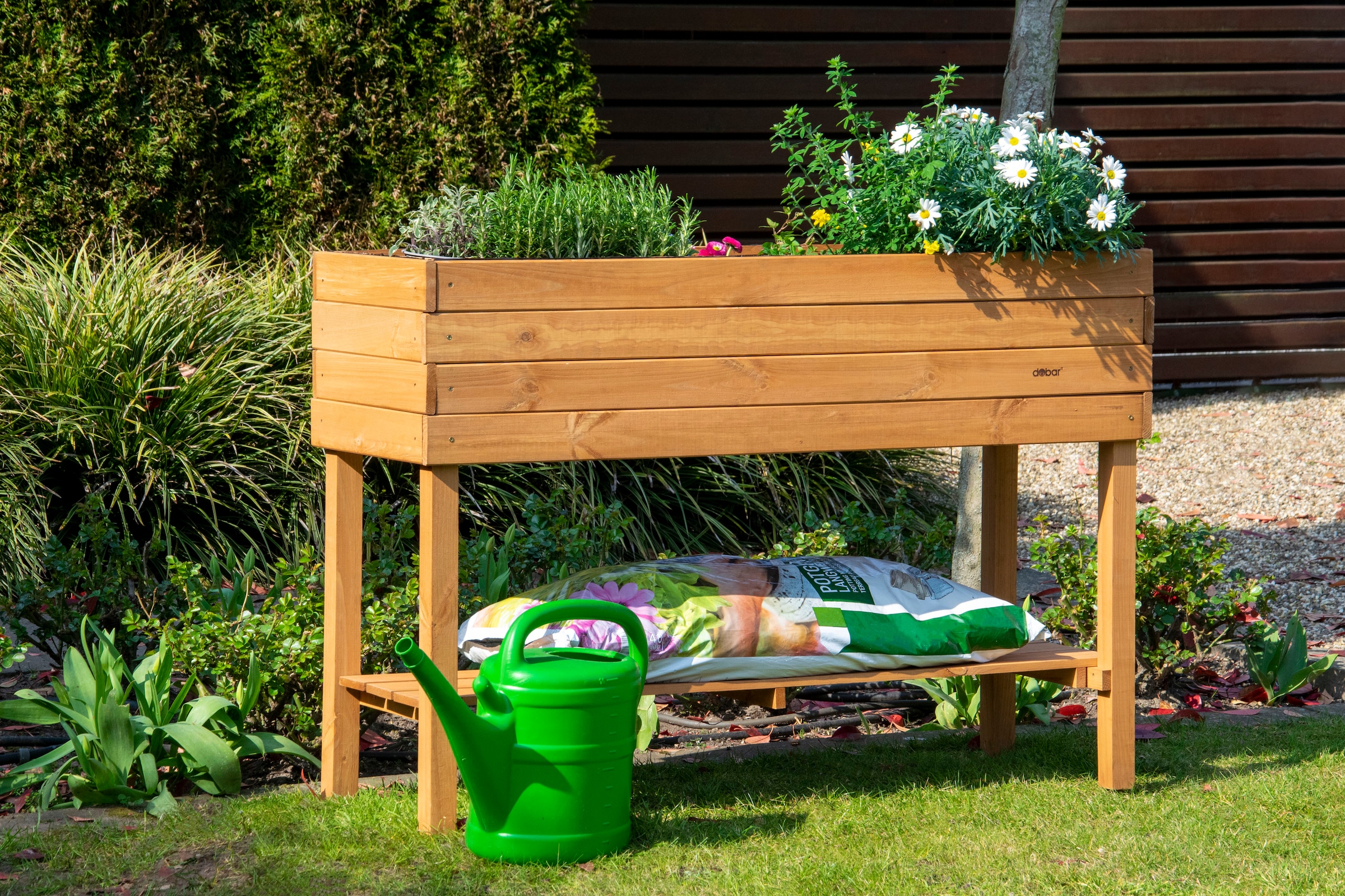 dobar Hochbeet mit Ablage, inkl. Pflanzfolie, wetterfest lasiert