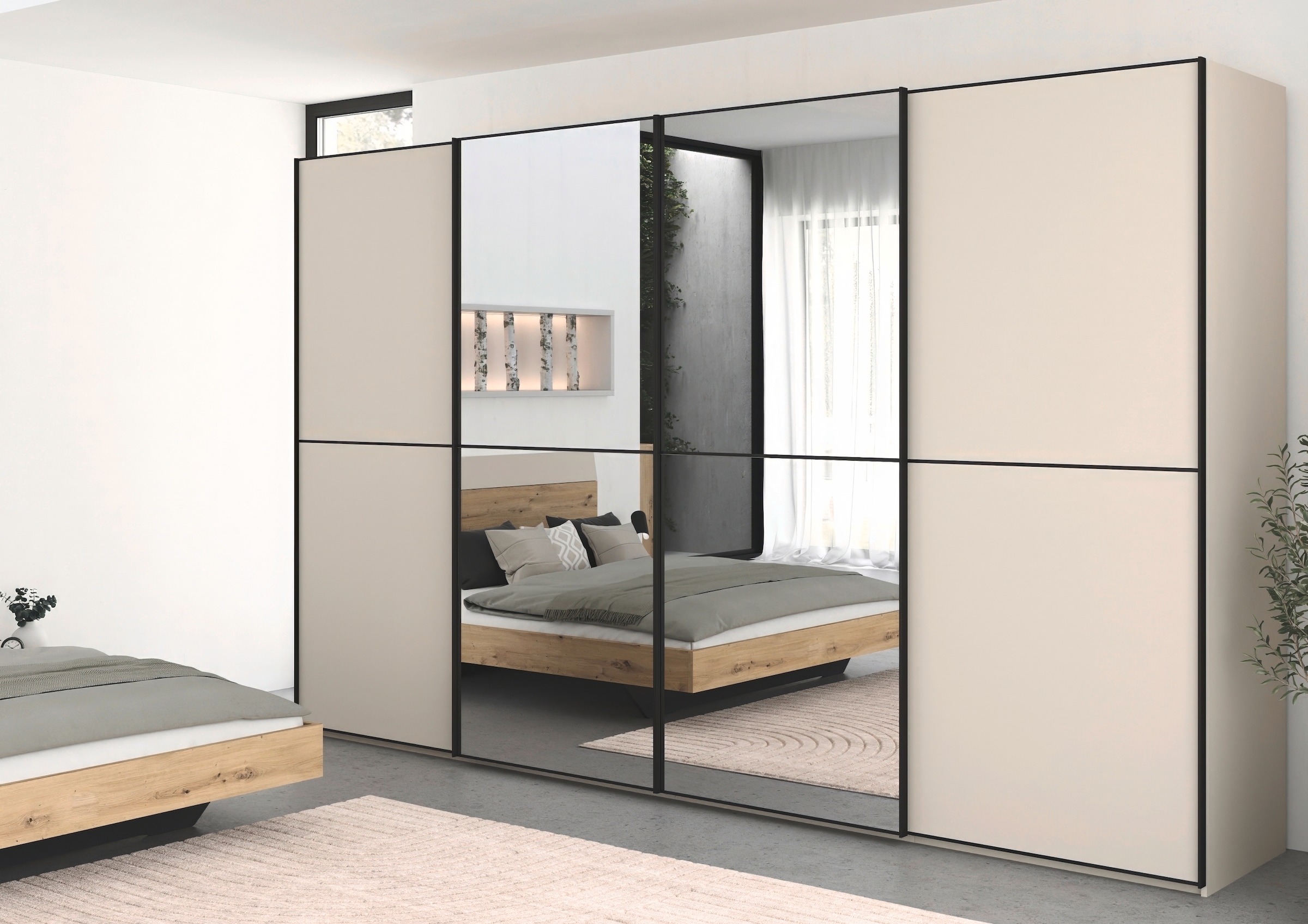 rauch Schwebetürenschrank »Kleiderschrank Schrank Garderobe Schlafzimmerschrank SCALE-DUO«, edle zweigeteilte Türen, Spiegel und 3 Zierleisten MADE IN GERMANY