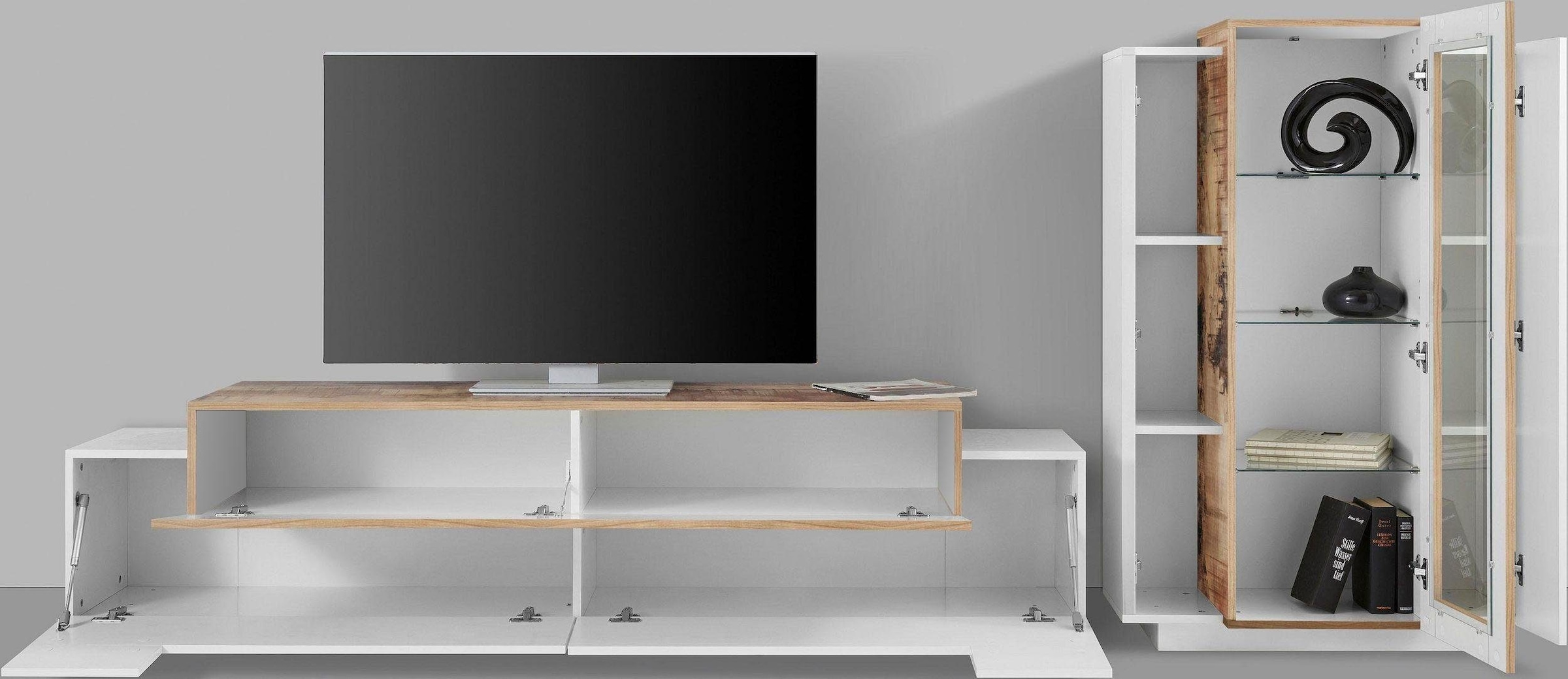 INOSIGN Wohnwand »Coro, Anbauwand, Medienwand«, (Set, 2 St.), Lowboard 4 Fächer, Breite 200cm und Vitrine 3 Türen, Breite 80cm