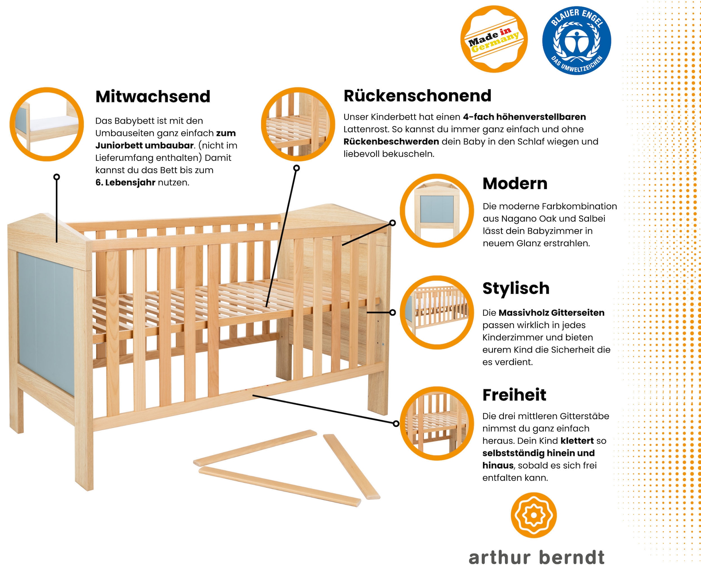 arthur berndt Babyzimmer-Komplettset »Babyzimmer-Set »Roofy« 3-teilig mit 1-türigem Kleiderschrank«, (Set, 3 tlg., Babymöbel-Set »Roofy« Kleiderschrank,Kinderbett+Wickelkommode)