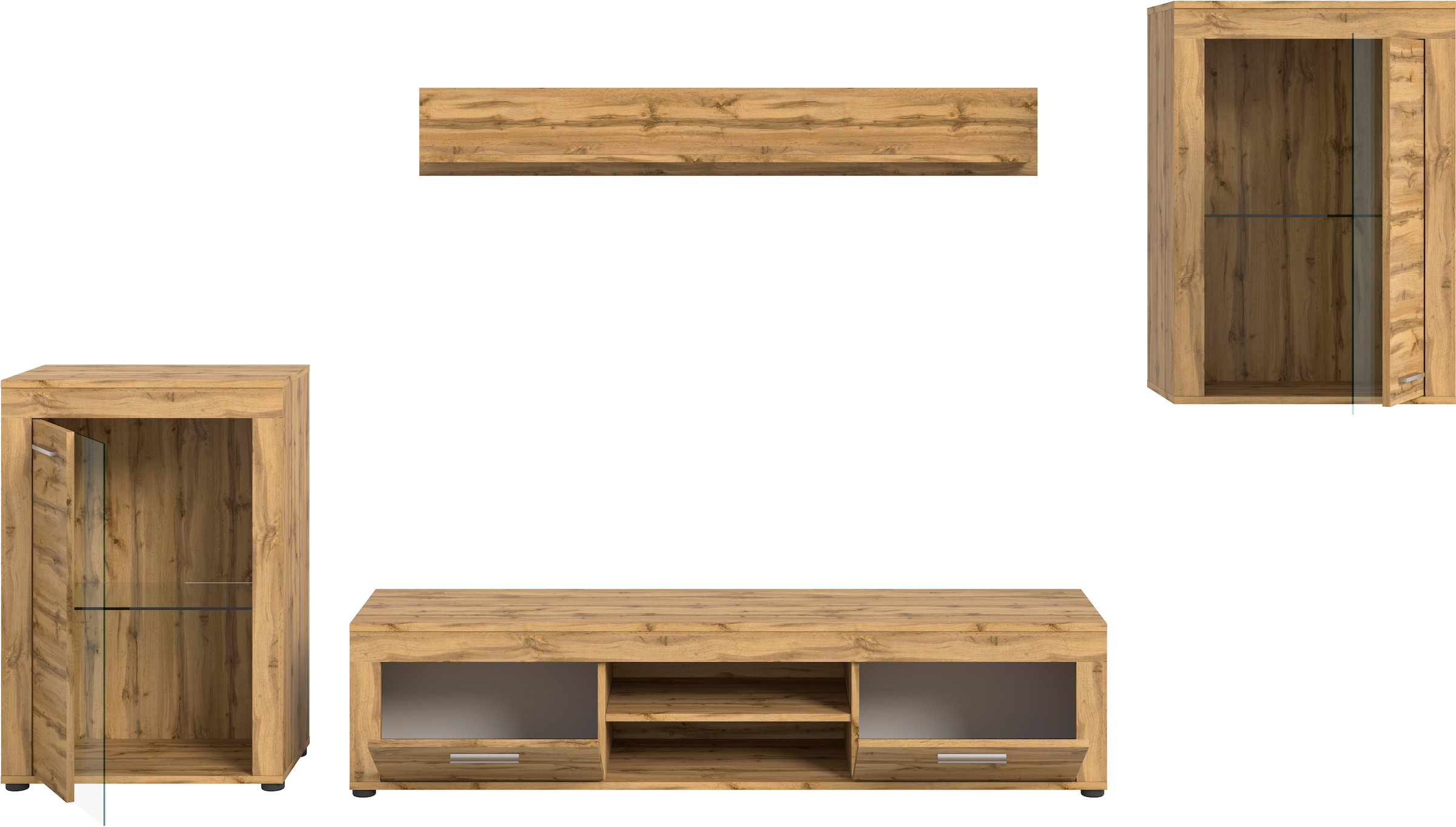 INOSIGN Wohnwand »Aosta, 4-tlg., bestehend aus: 2x Vitrine, Lowboard & Wandboard«, (4 St.), Wohnwand, Kombination, Anbauwand, Möbel Set, Schrankwand, Möbel Kombi