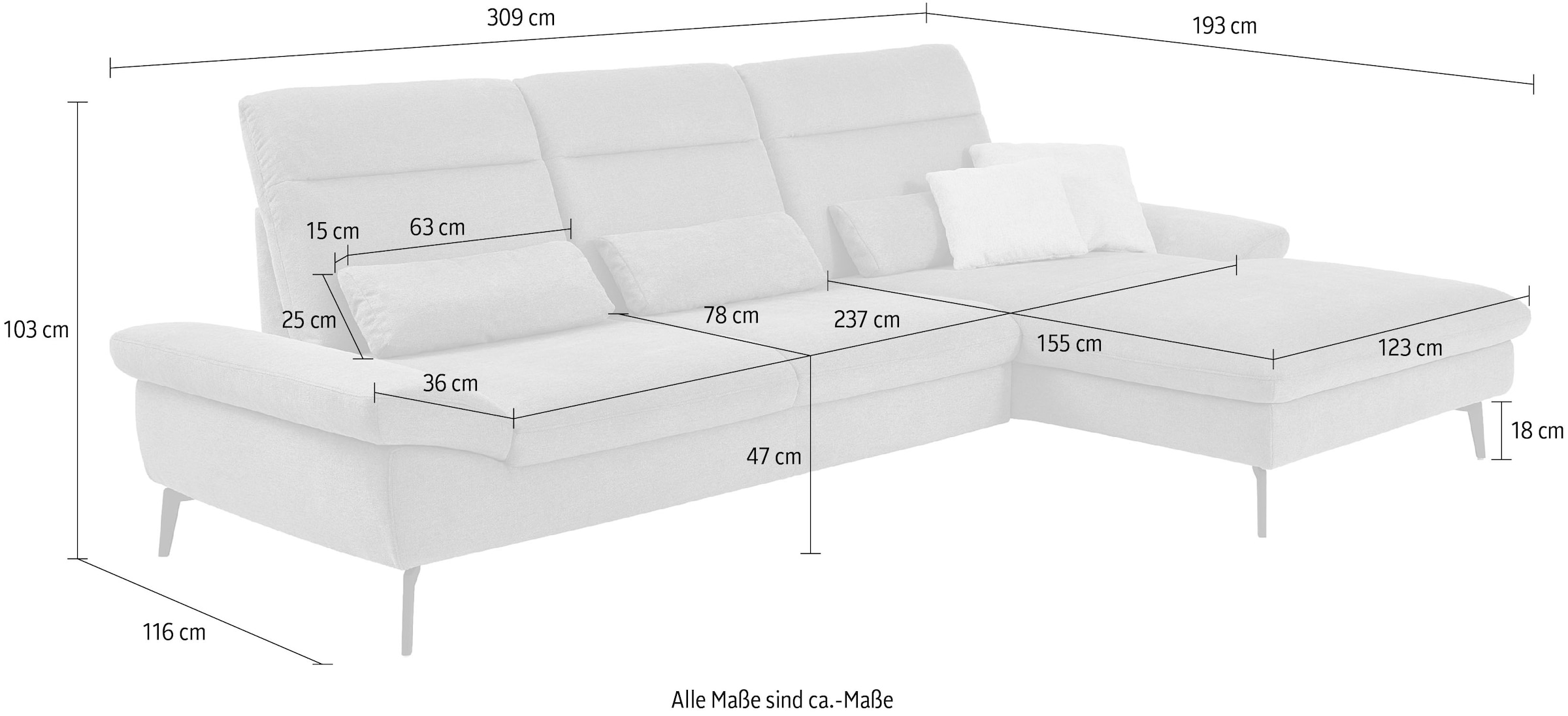 HUKLA Ecksofa »HU-HP22156 L-Form«, inkl. Kopfpolsterverstellung, optional mit Sitztiefenverstellung