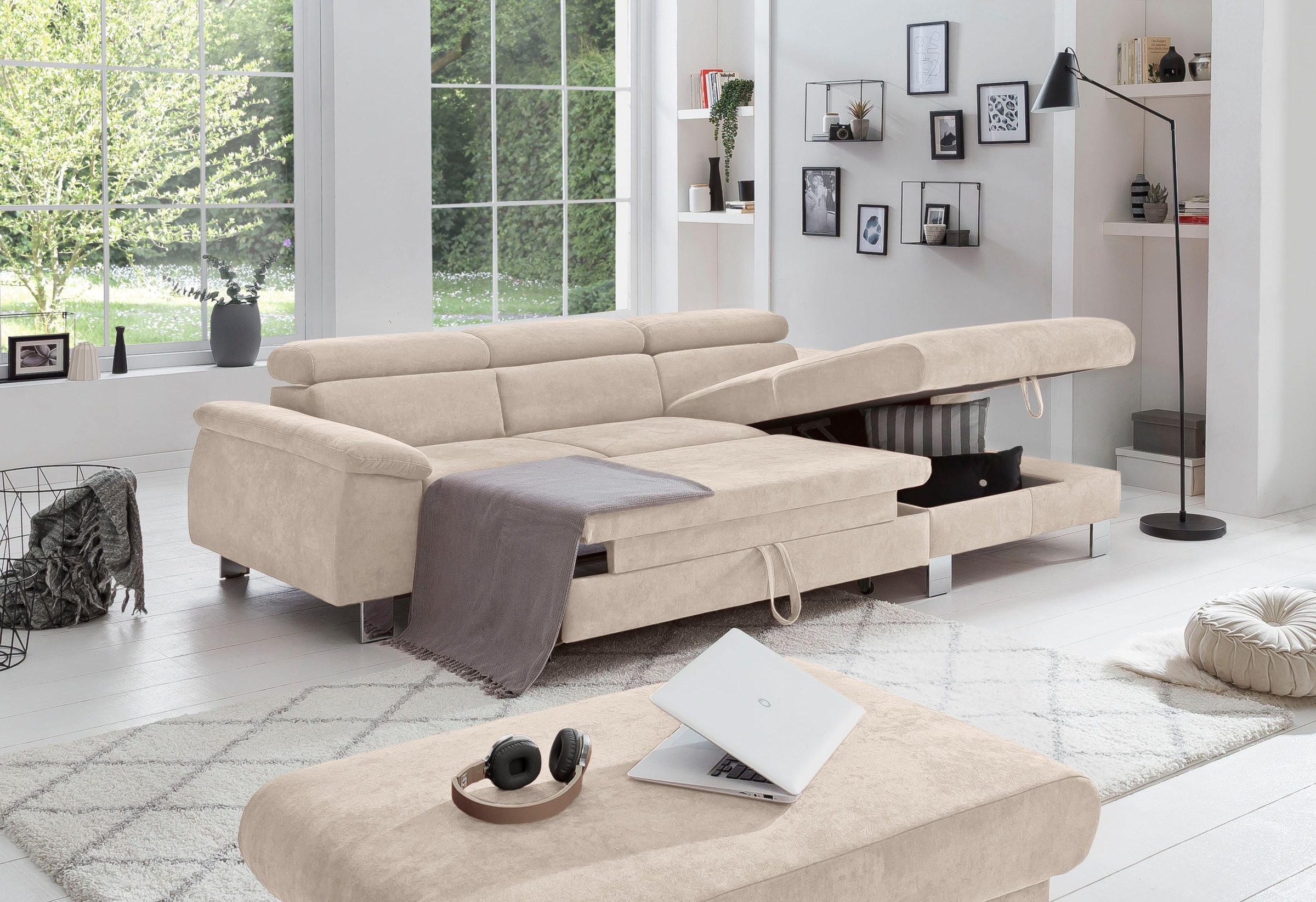 COTTA Ecksofa Komaris, Ecksofa, wahlweise mit RGB-LED-Beleuchtung und Bettfunktion/Bettkasten