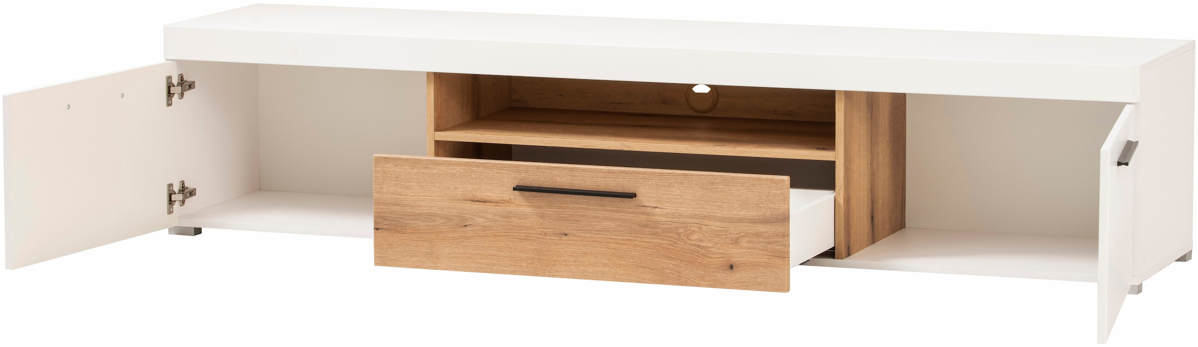 INOSIGN Wohnwand »Salerno, moderne Anbauwand, Wohnzimmer-Set, Weiß mit Eiche Evoke Dekor«, (Set, 4 St.), enthält Hängevitrine, Vitrine, Lowboard + Wandboard, Metallgriffe