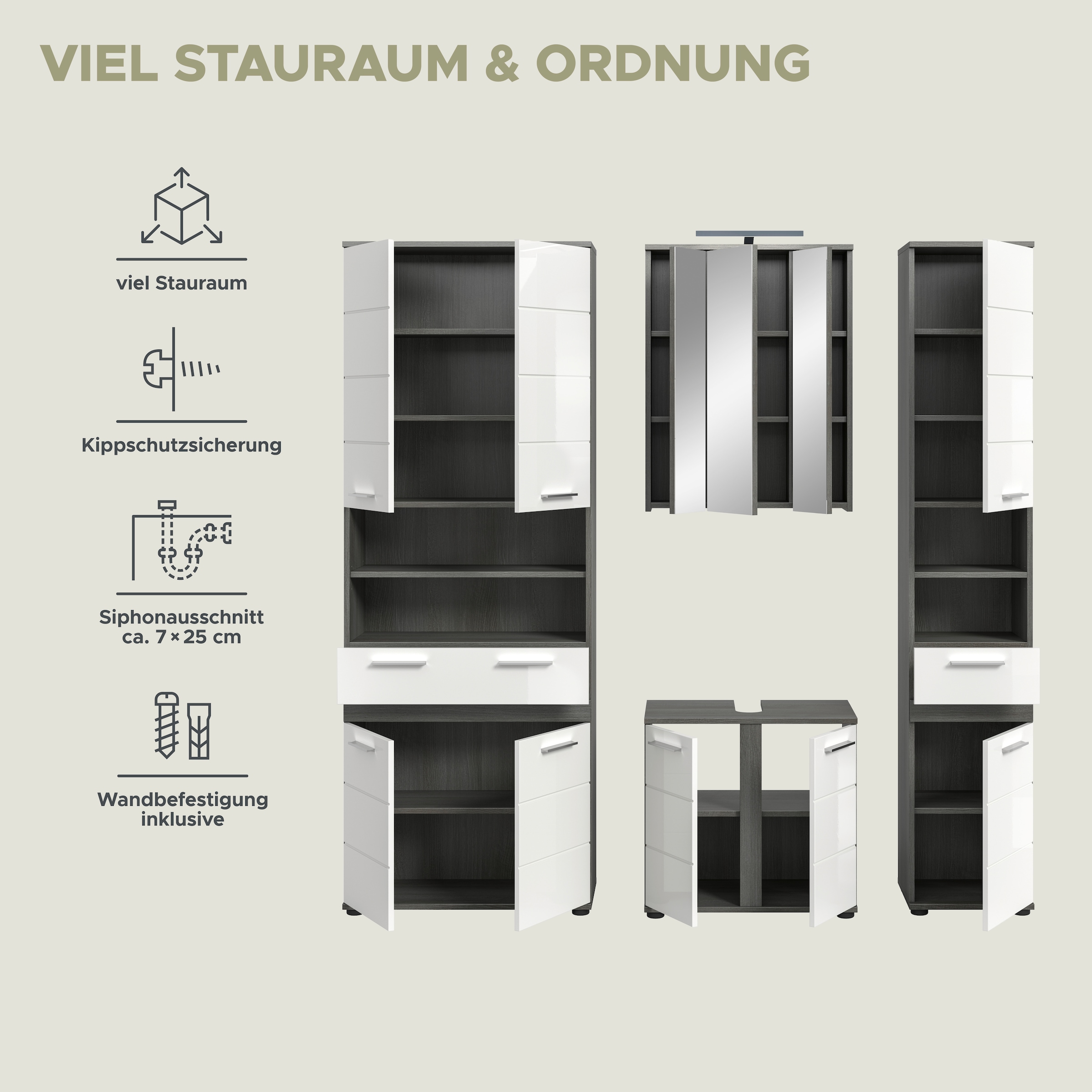welltime Badmöbel-Set »LUCCA, 4-tlg. Badkombination, viel Stauraum, modernes Design« 4 Stk. tlg.