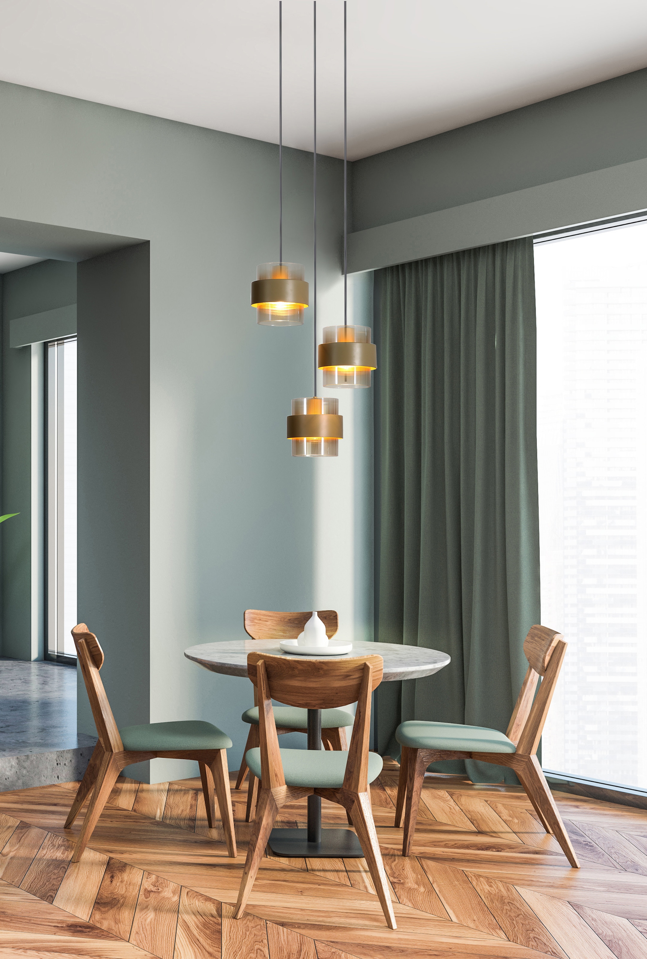 Searchlight Pendelleuchte »Royal 3Lt Pendelleuchte, Sandmetall, bernsteinfarbenes geripptes Glas« E27 1 Stk. geripptes Glas