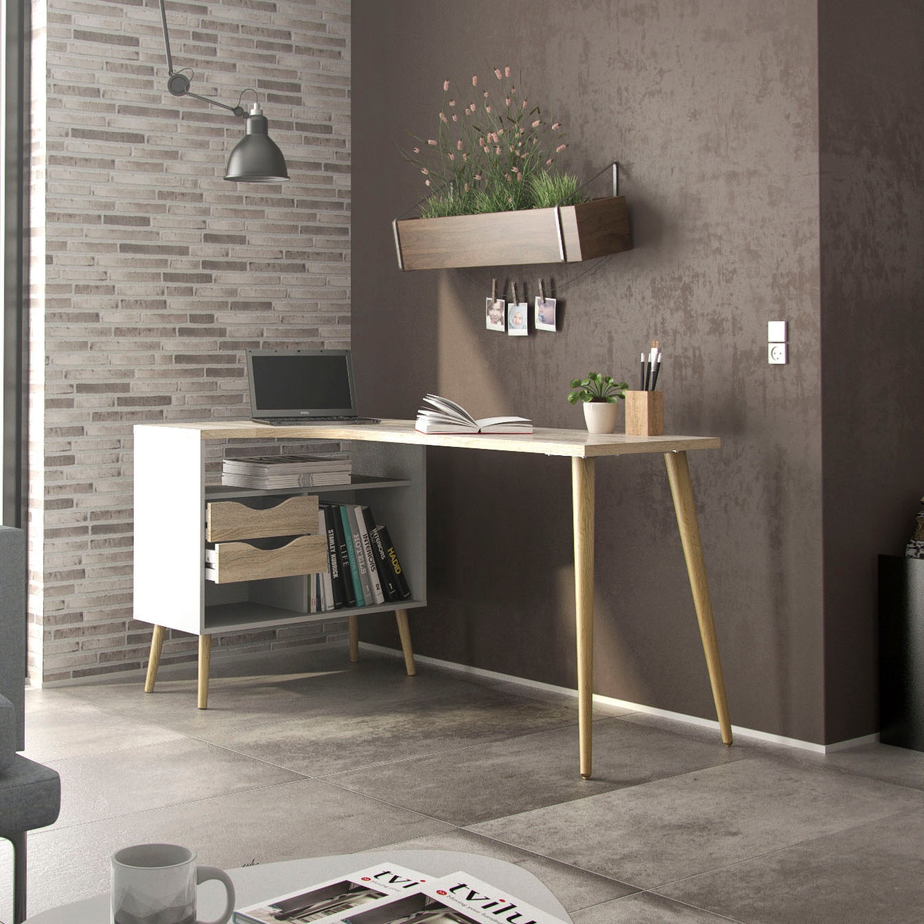 Home affaire Schreibtisch "Oslo Arbeitstisch, Bürotisch" mit 2 Schubladen, 3 offene Fächer, Eckschreibtisch, Breite 145 cm