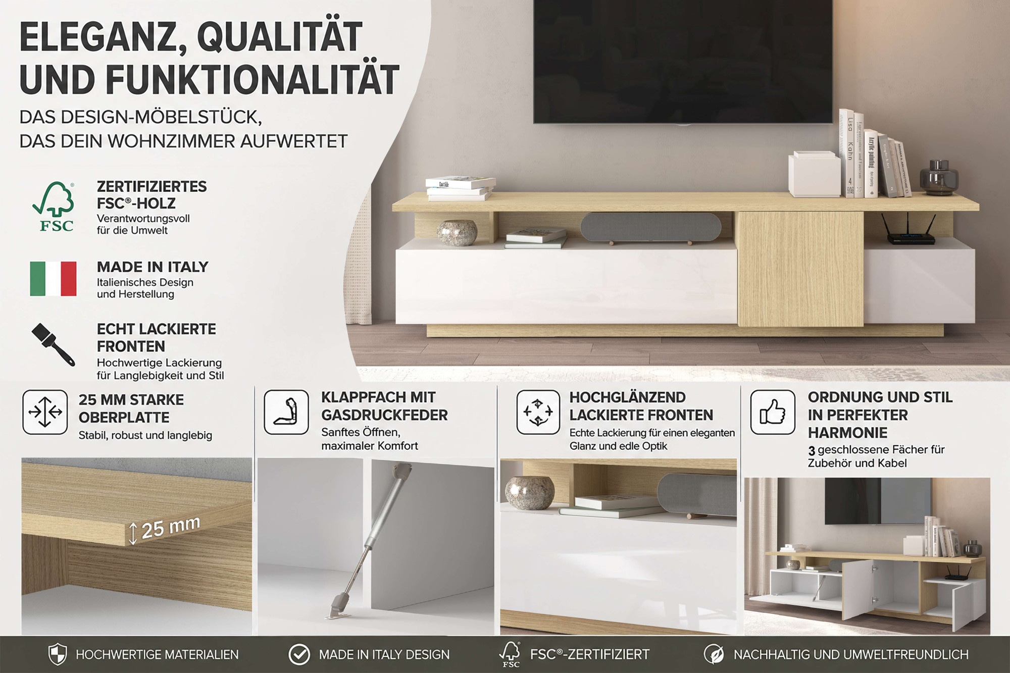 OTTO home Lowboard »Lowboard ETHOS,Lowboard,TV-Kommode,TV-Möbel,TV-Bank« 1 Stk. tlg. Mit zwei Drehtüren, einer Klapptür und zwei offenen Fächern,B.210 cm