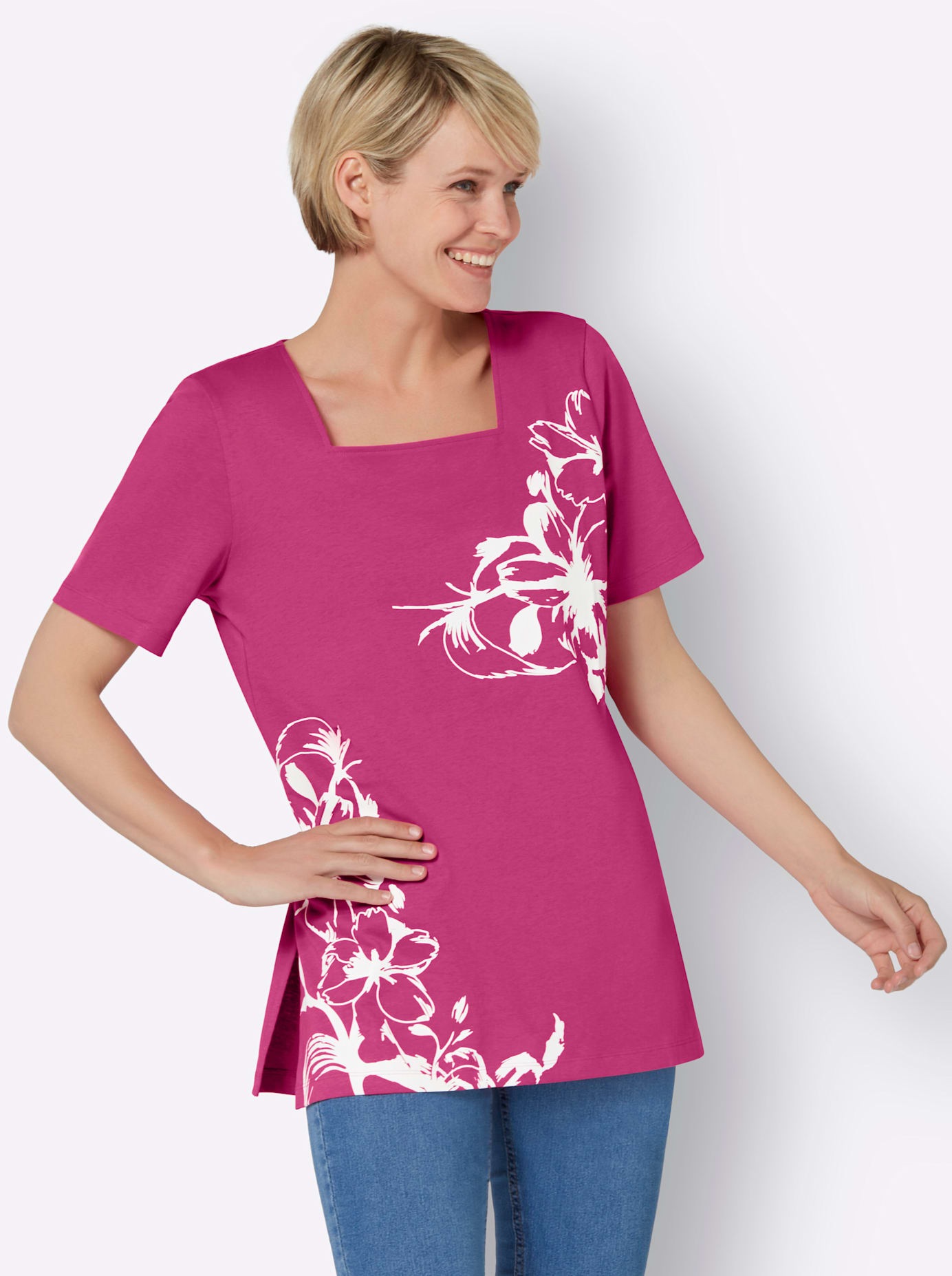 Longshirt CLASSIC BASICS "Longshirt", Damen, Gr. 48, pink (fuchsia, weiß), 100% Baumwolle, geblümt, gemustert, eckiger Ausschnitt, Shirts Longshirt