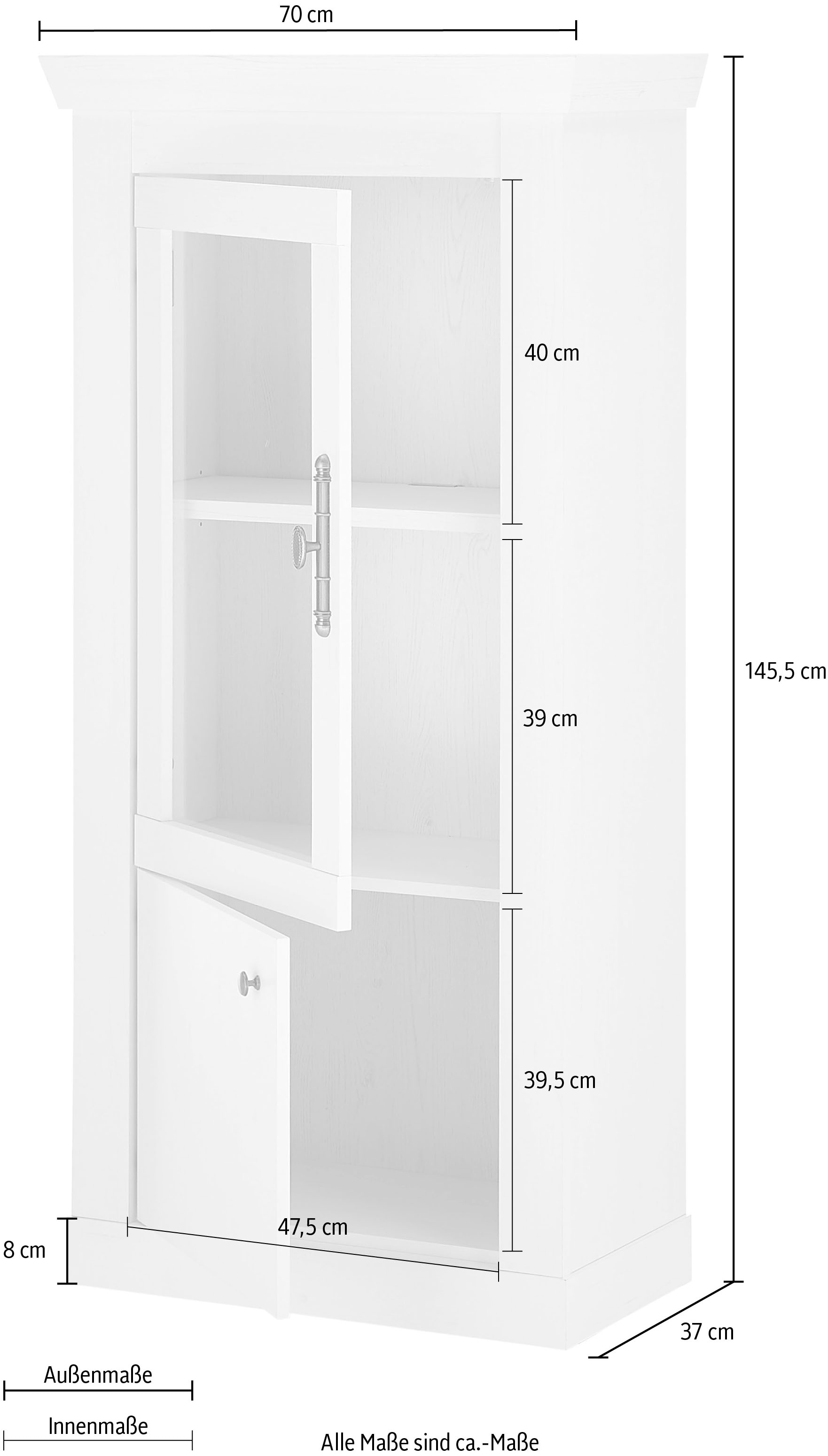 Home affaire Vitrine »RAVENNA«, im romantischen Landhausstil, Griff aus Metall, Höhe 146 cm
