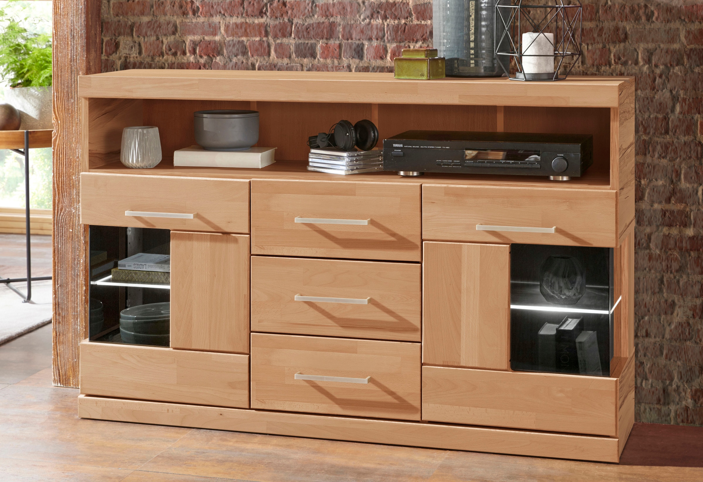 OTTO home Sideboard "Ribe,125cm breit, Fronten Massivholz,5 Fächer,Böden versetzbar" Korpus Holzwerkstoff,Türen mit Glaseinsatz,3 Schubladen,Metallgriffe