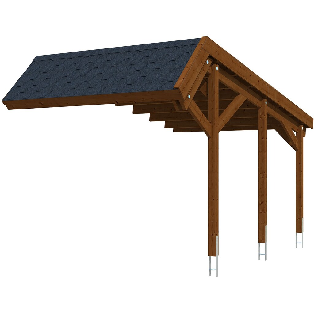 Skanholz Einzelcarport »Harz«, Nadelholz, 291 cm, Nussbaum, Stellplatzerweiterung 303x560cm, schwarze Schindeln