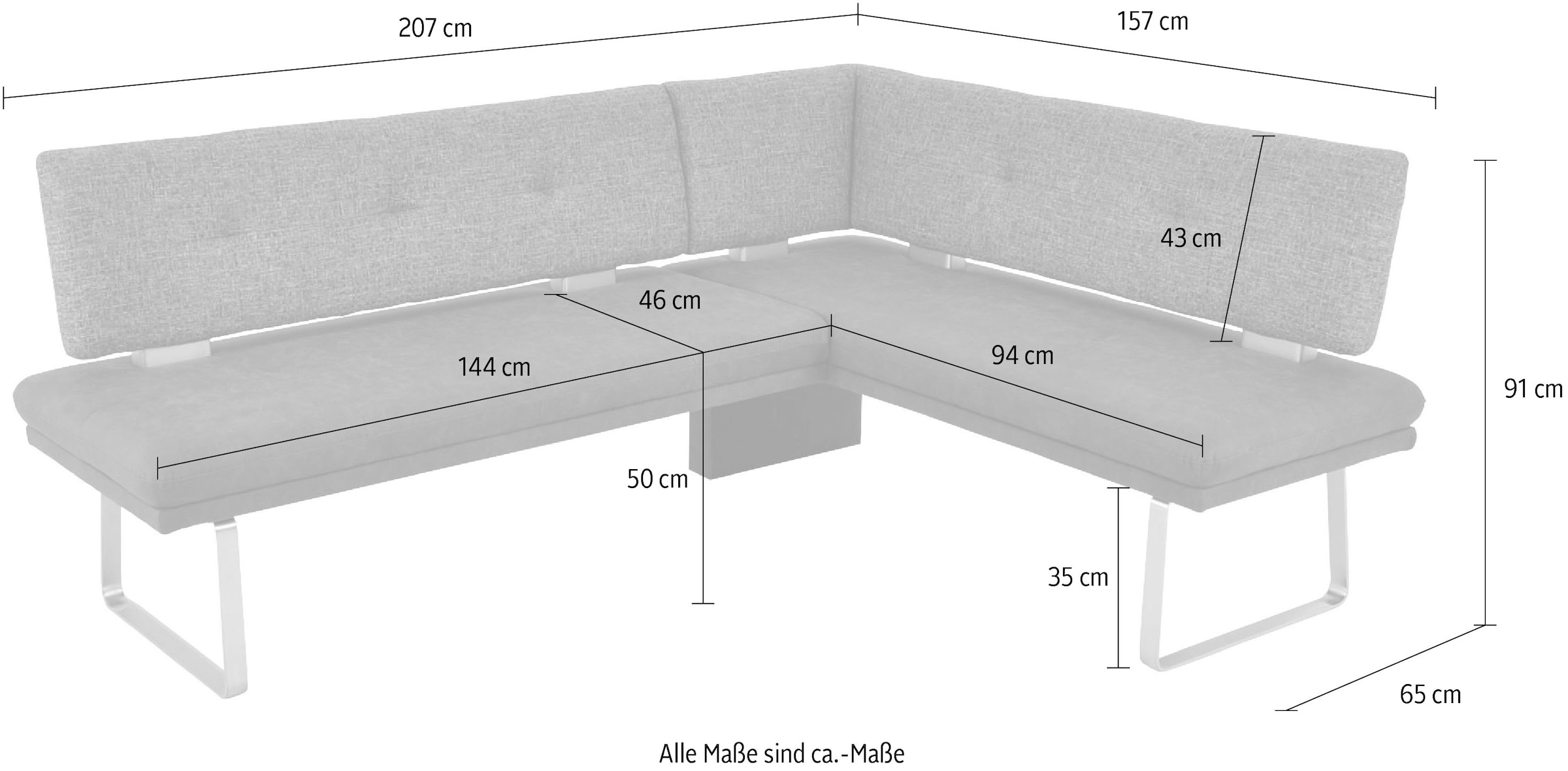 K+W Komfort & Wohnen 1100000002199 "Giacomo II Esszimmerbank" Flachstahlkufe in edelstahlfarbig lackiert, Rücken und Sitz gesteppt