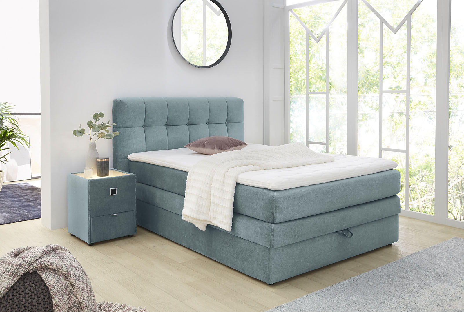 Jockenhöfer Gruppe Boxspringbett "AMY mit Bettkasten, inkl. Bonnell- oder Taschenfederkernmatratze H2-H4" mit 6 cm Kaltschaum-Topper, Samt-Bezug, 120x200 und 140x200 cm