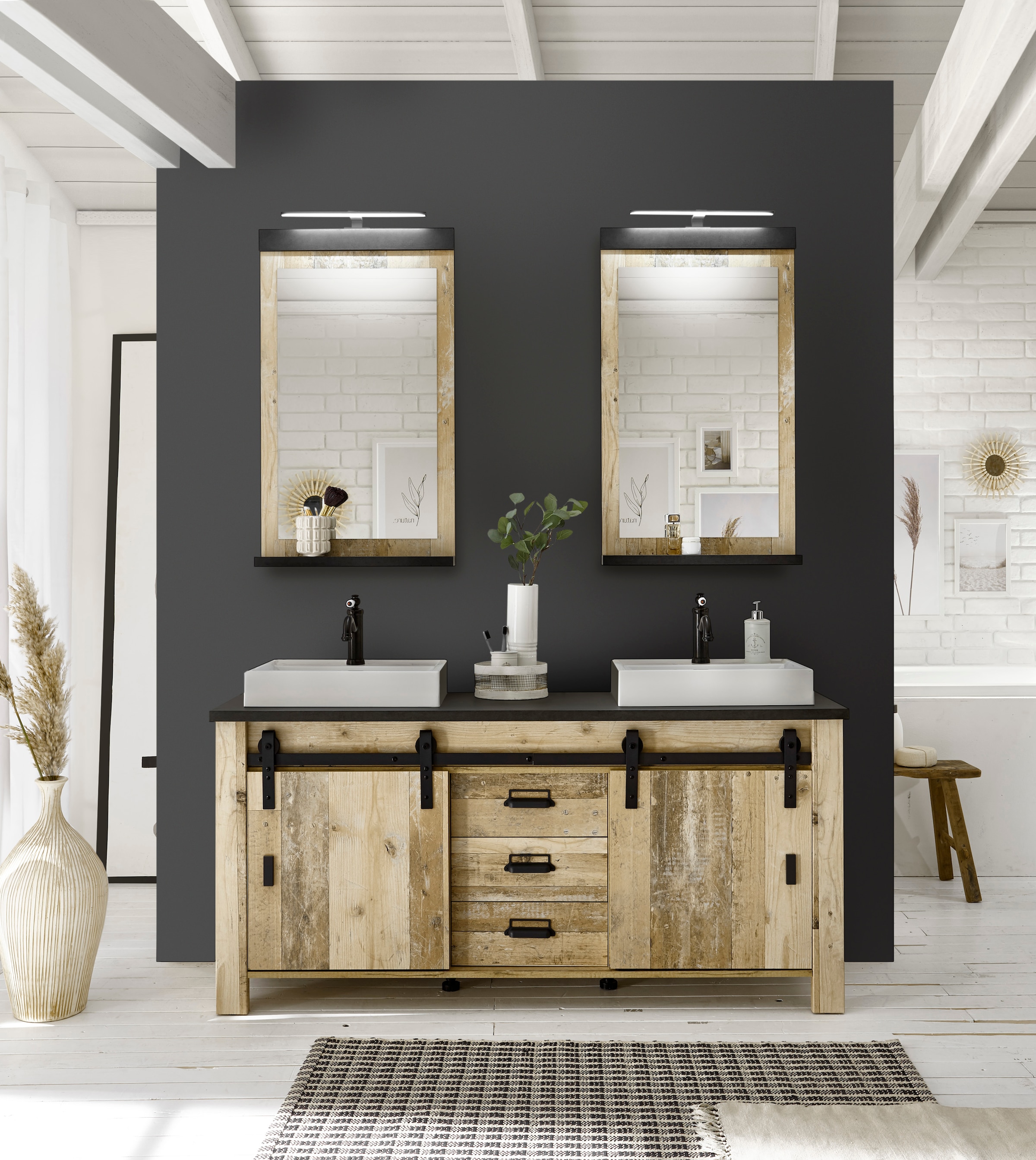 Home affaire Badmöbel-Set »SHERWOOD, Bad im modernen Design, 3-teiliges Badezimmer«, (3 St.), in 2 Farben verfügbar, Scheunentorbeschlag & Apothekergriff aus Metall