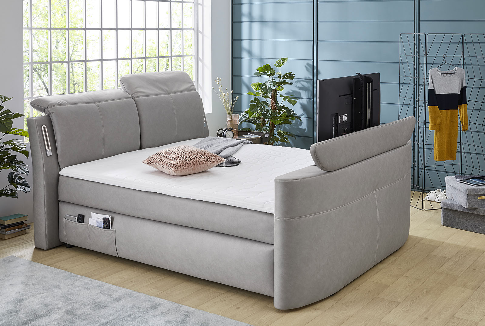 Jockenhöfer Gruppe Boxspringbett "MOVIESTAR, mit Taschenfederkernmatratze H3-H4, inkl. LED-Beleuchtung" wahlweise Strukturstoff-Bezug oder Microfaser-Bezug, 180x200cm