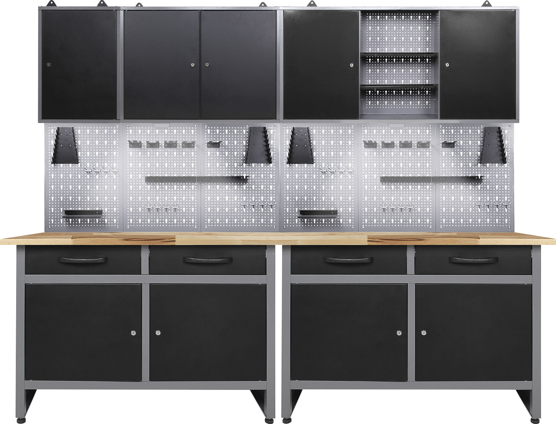 ONDIS24 Werkstatt-Set, B:240cm H:205cm T:60cm, schwarz, Werkbänke, 240 cm, mit 2 LED Lampen