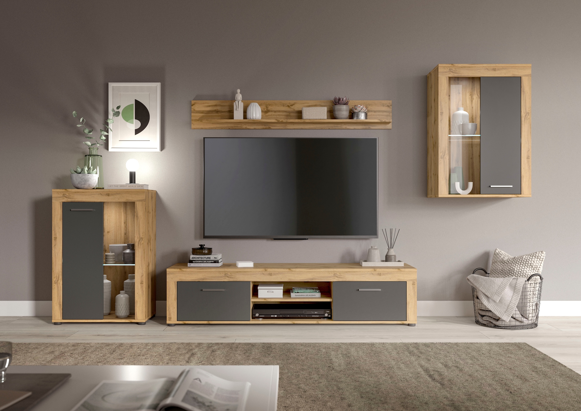 OTTO home Wohnwand "AOSTA, Breite 310cm, 4-teilige Wohn-Kombination" bestehend aus: 2x Vitrine, Lowboard & Wandboard, 4 Stk. tlg.